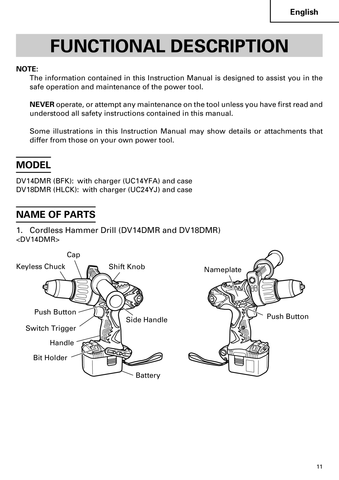 Hitachi instruction manual Functional Description, Model, Name of Parts, Cordless Hammer Drill DV14DMR and DV18DMR 