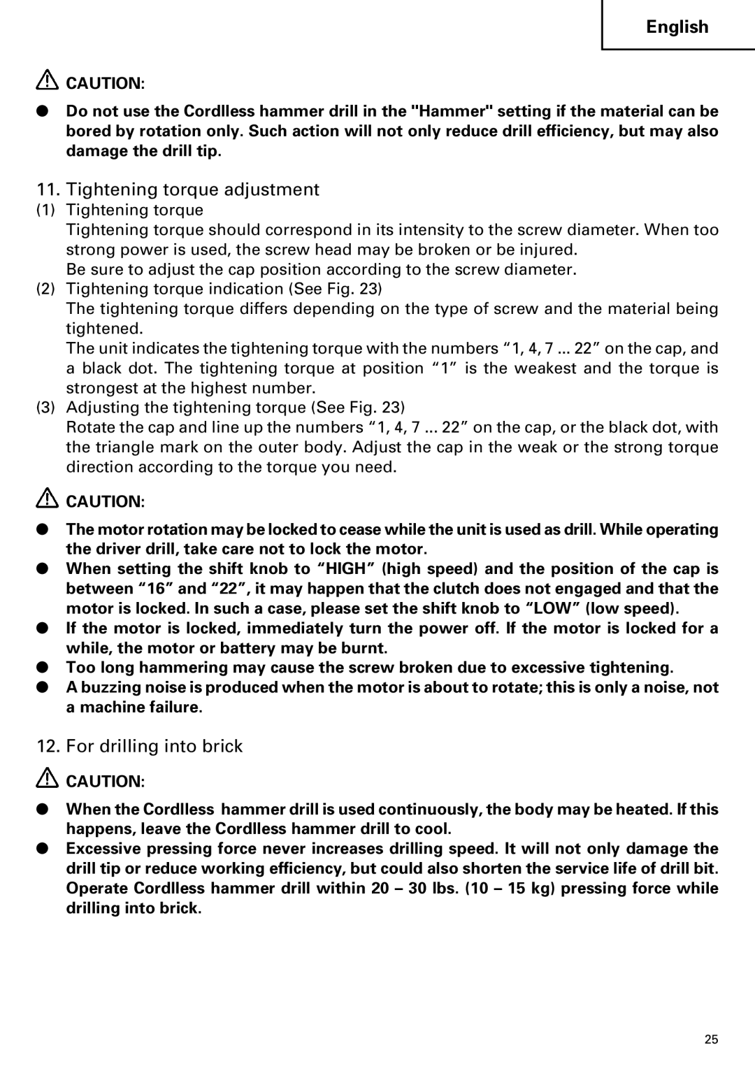 Hitachi DV14DMR, DV18DMR instruction manual Tightening torque adjustment, For drilling into brick 