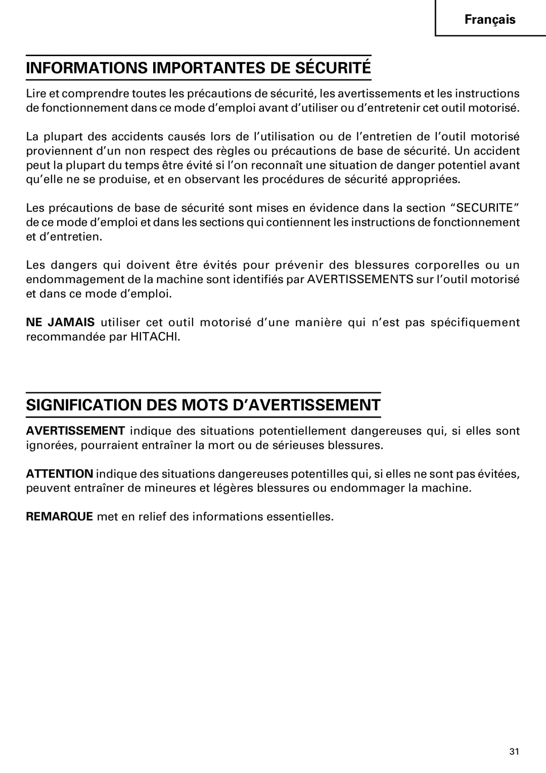 Hitachi DV14DMR, DV18DMR instruction manual Informations Importantes DE Sécurité, Signification DES Mots D’AVERTISSEMENT 