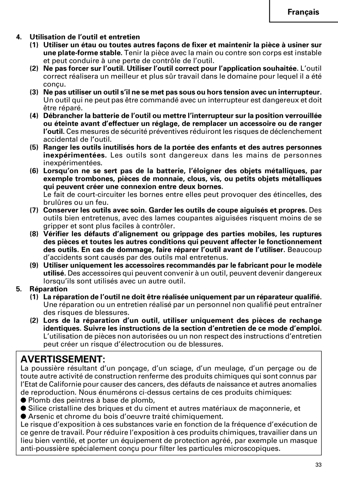 Hitachi DV14DMR, DV18DMR instruction manual Avertissement 