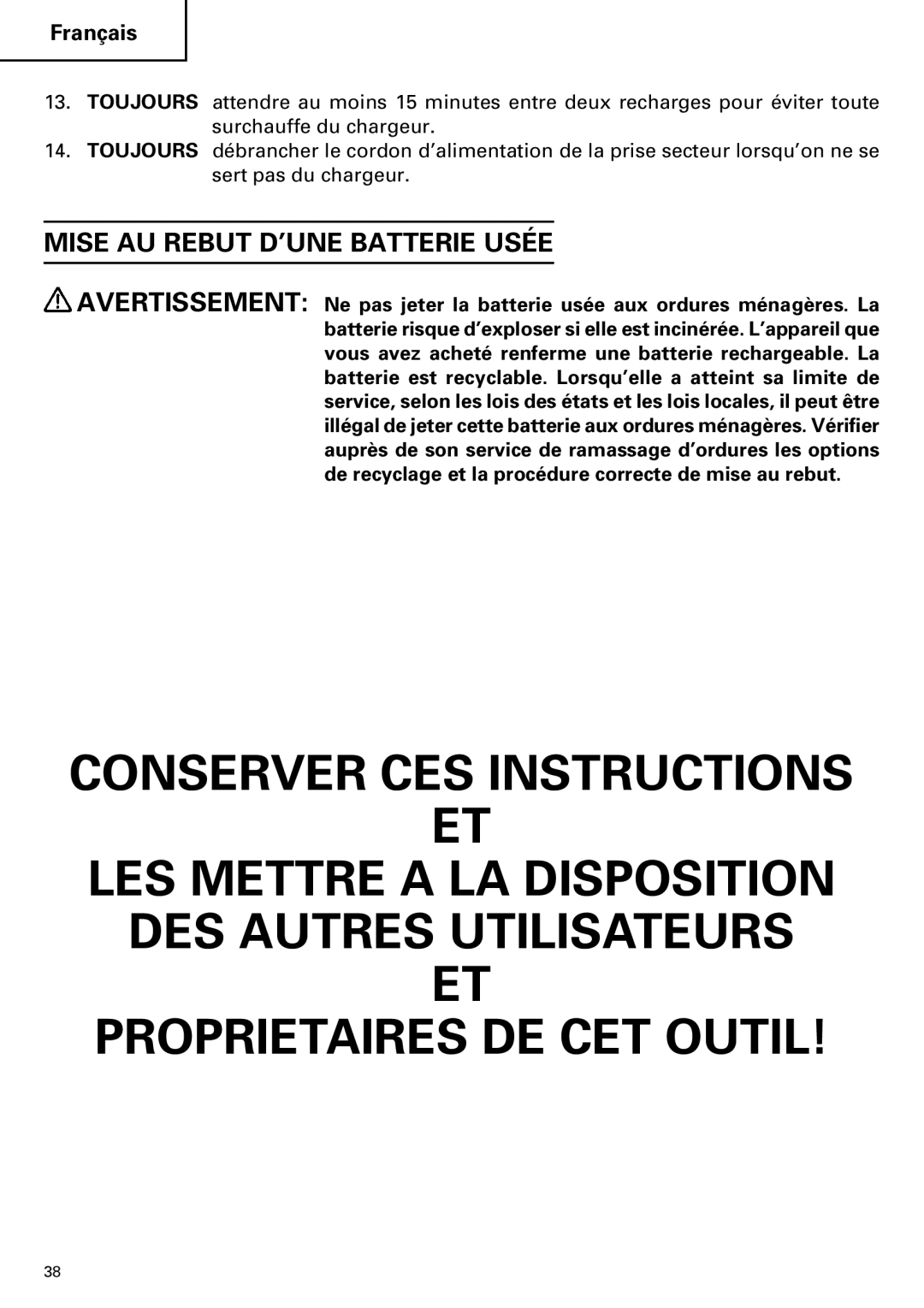 Hitachi DV18DMR, DV14DMR instruction manual Mise AU Rebut D’UNE Batterie Usée 