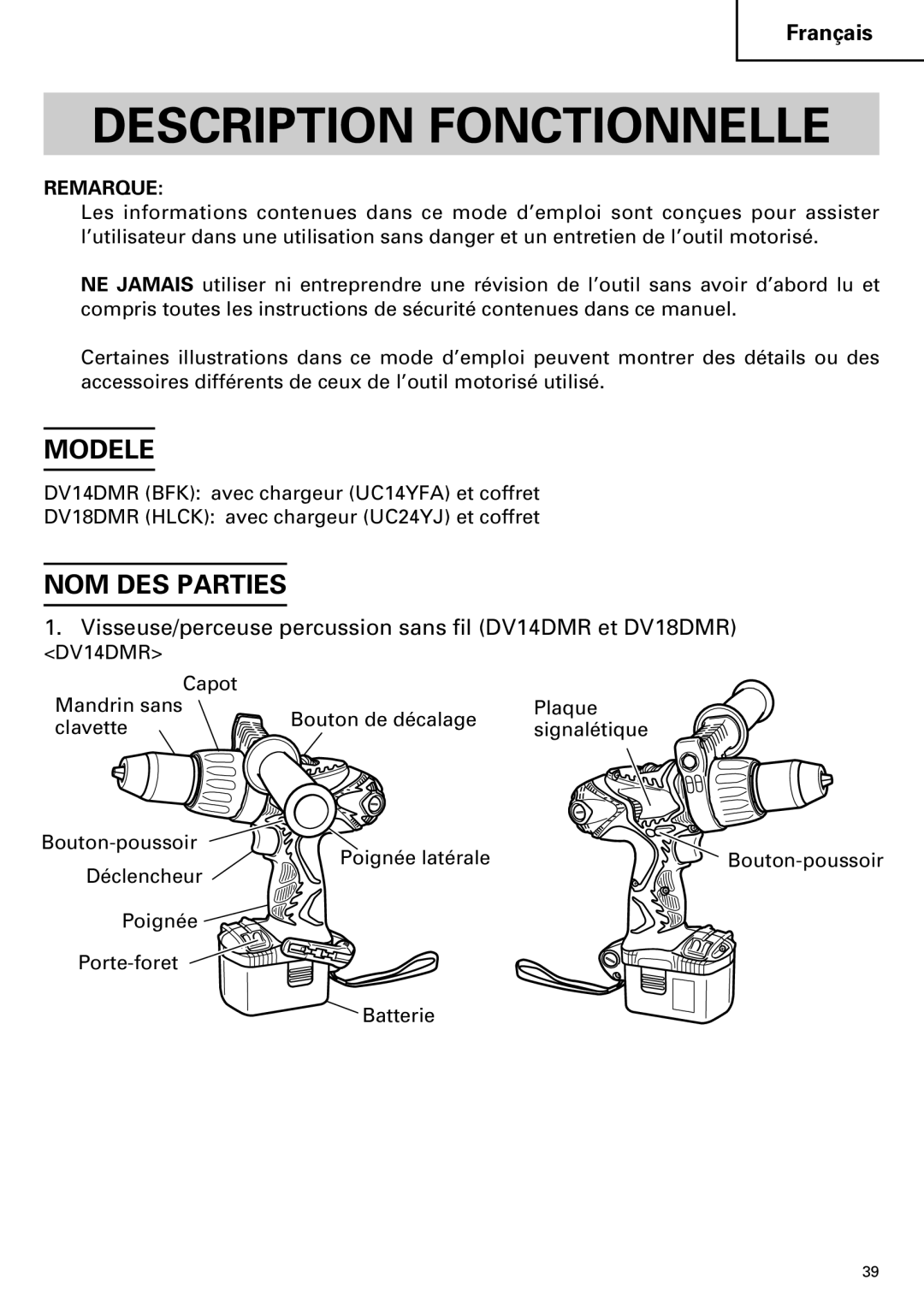 Hitachi DV14DMR, DV18DMR instruction manual Description Fonctionnelle, Modele, NOM DES Parties 