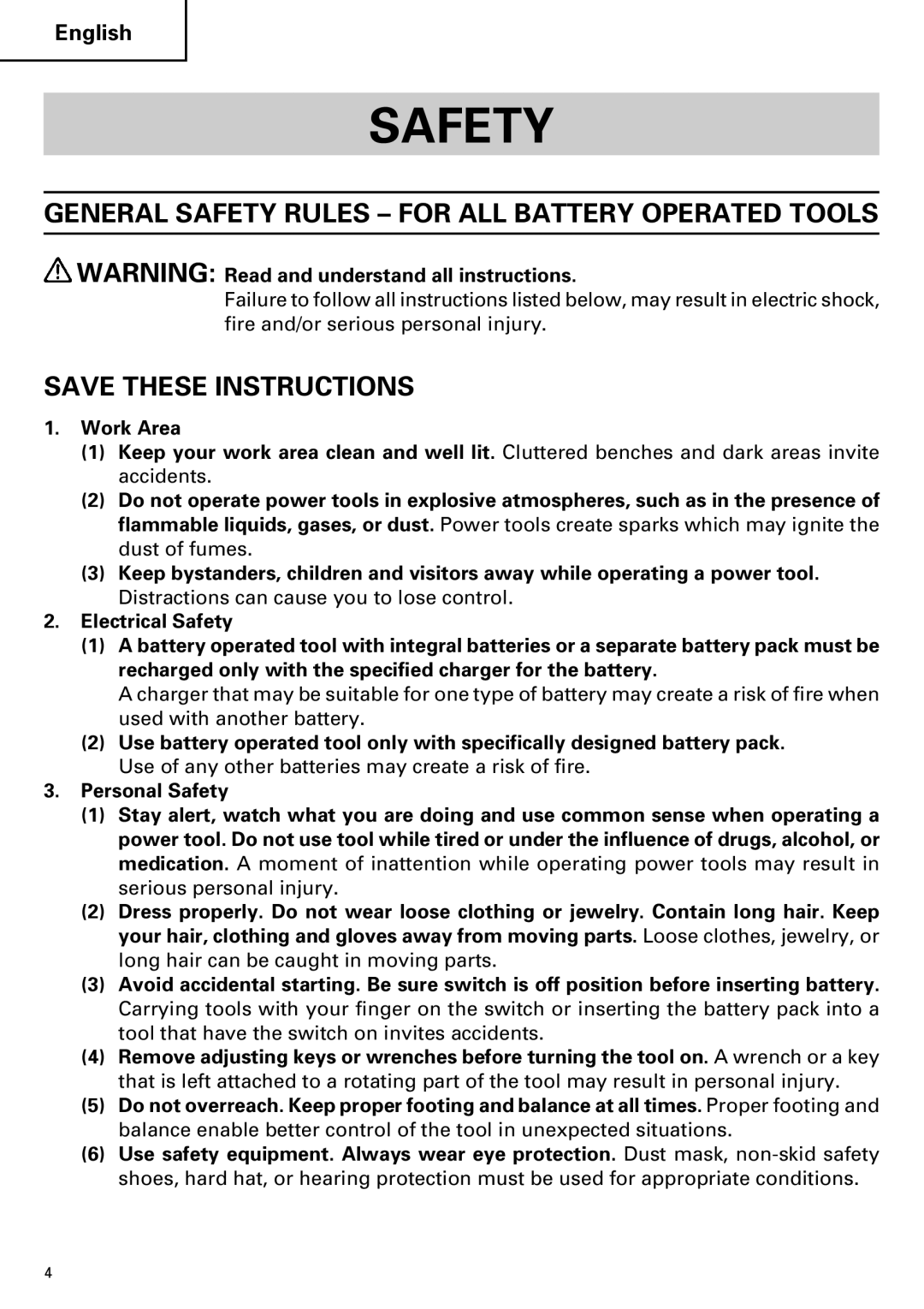 Hitachi DV18DMR, DV14DMR instruction manual General Safety Rules for ALL Battery Operated Tools 