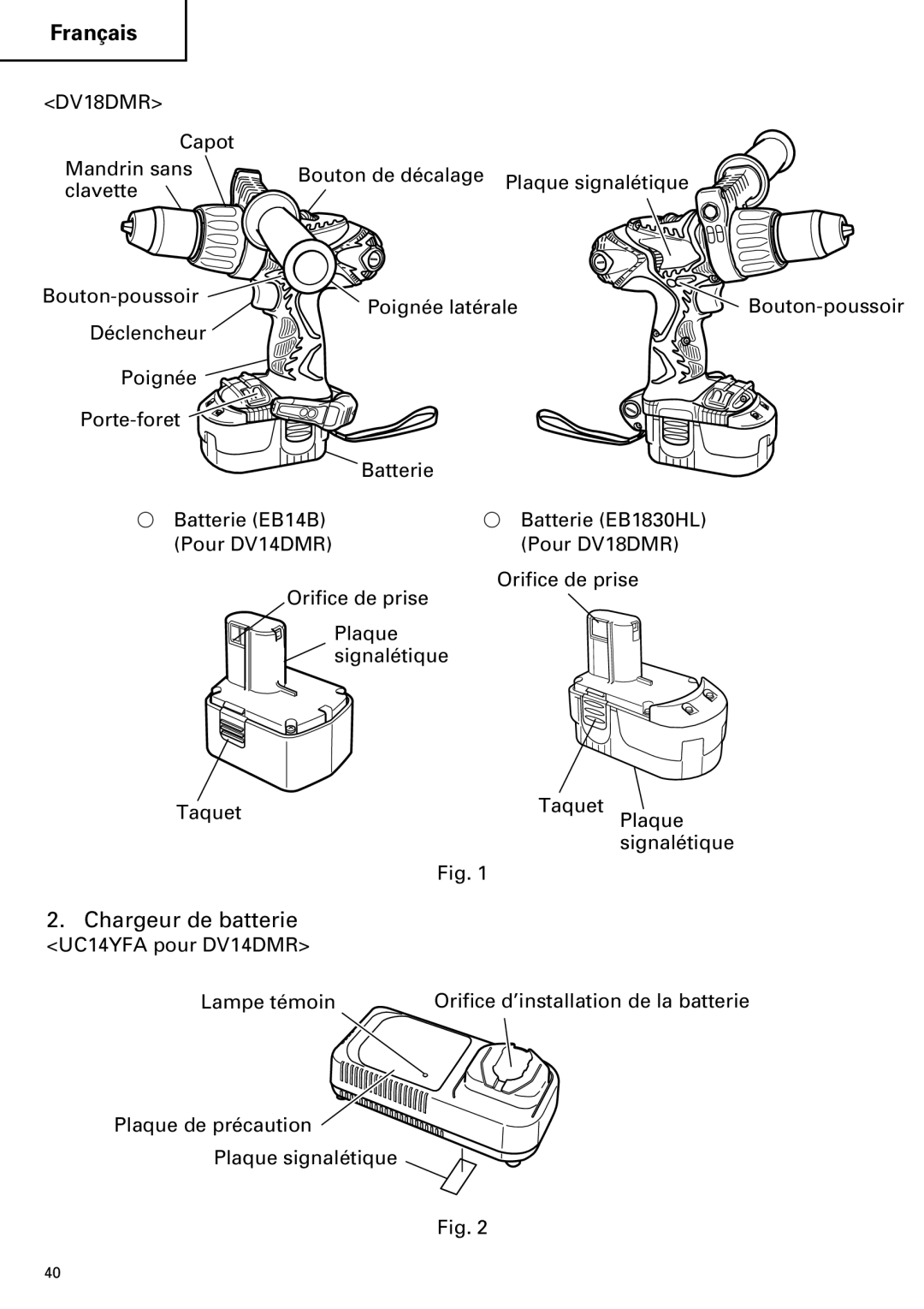 Hitachi DV18DMR, DV14DMR instruction manual Chargeur de batterie 