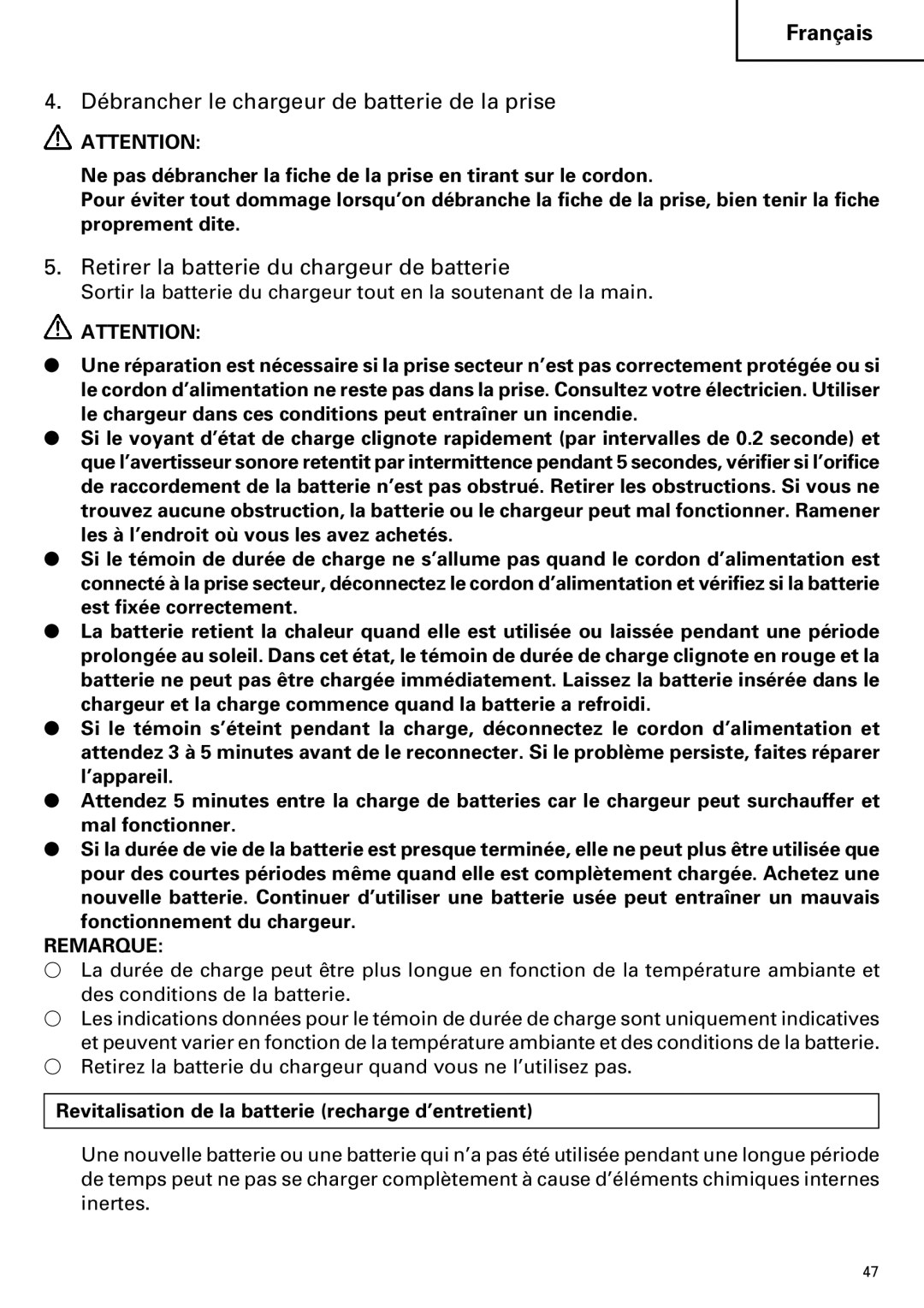 Hitachi DV14DMR Débrancher le chargeur de batterie de la prise, Revitalisation de la batterie recharge d’entretient 