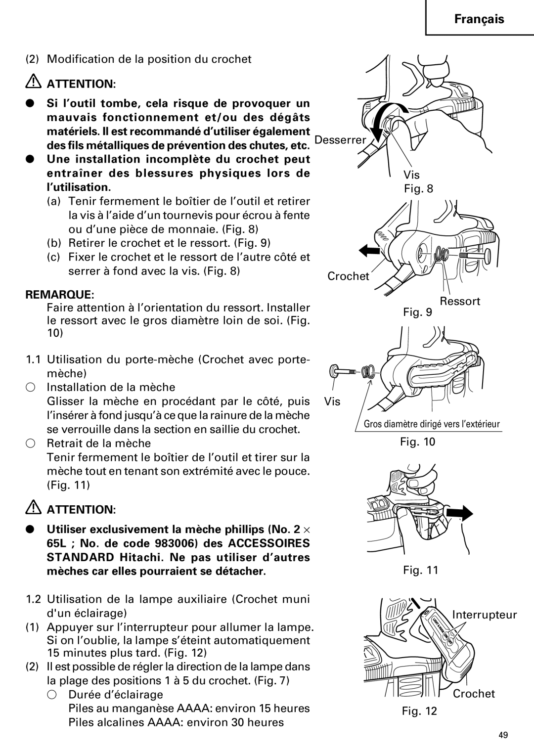 Hitachi DV14DMR, DV18DMR instruction manual Modification de la position du crochet 