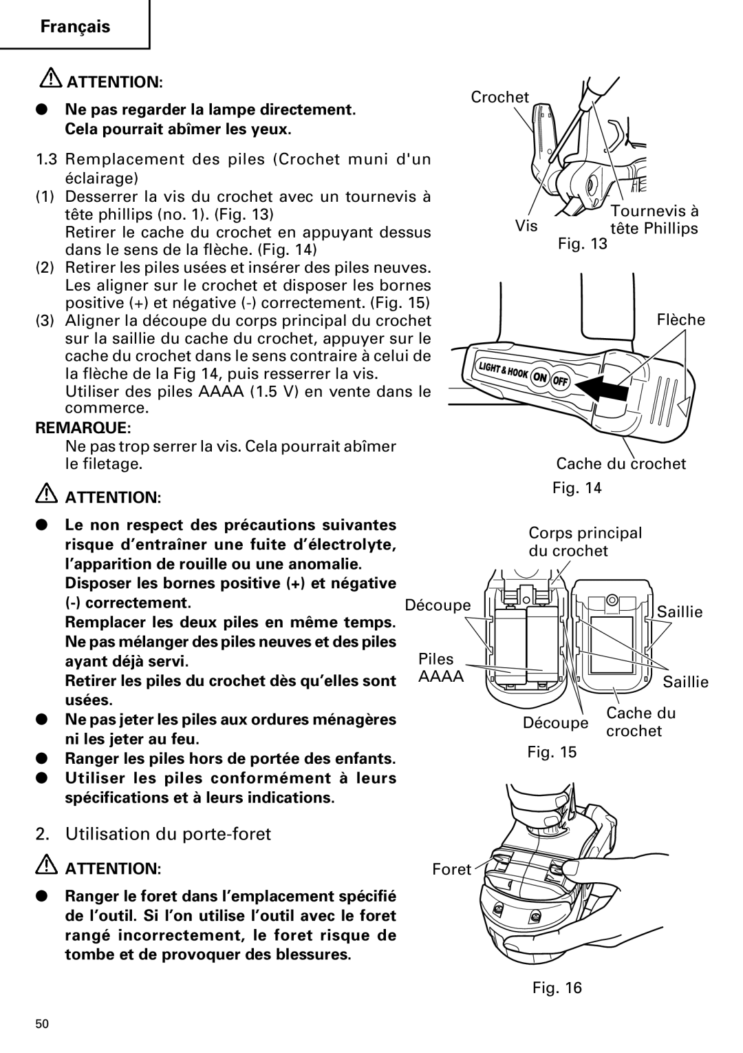 Hitachi DV18DMR Utilisation du porte-foret, Piles, Ayant déjà servi, Retirer les piles du crochet dès qu’elles sont, Foret 