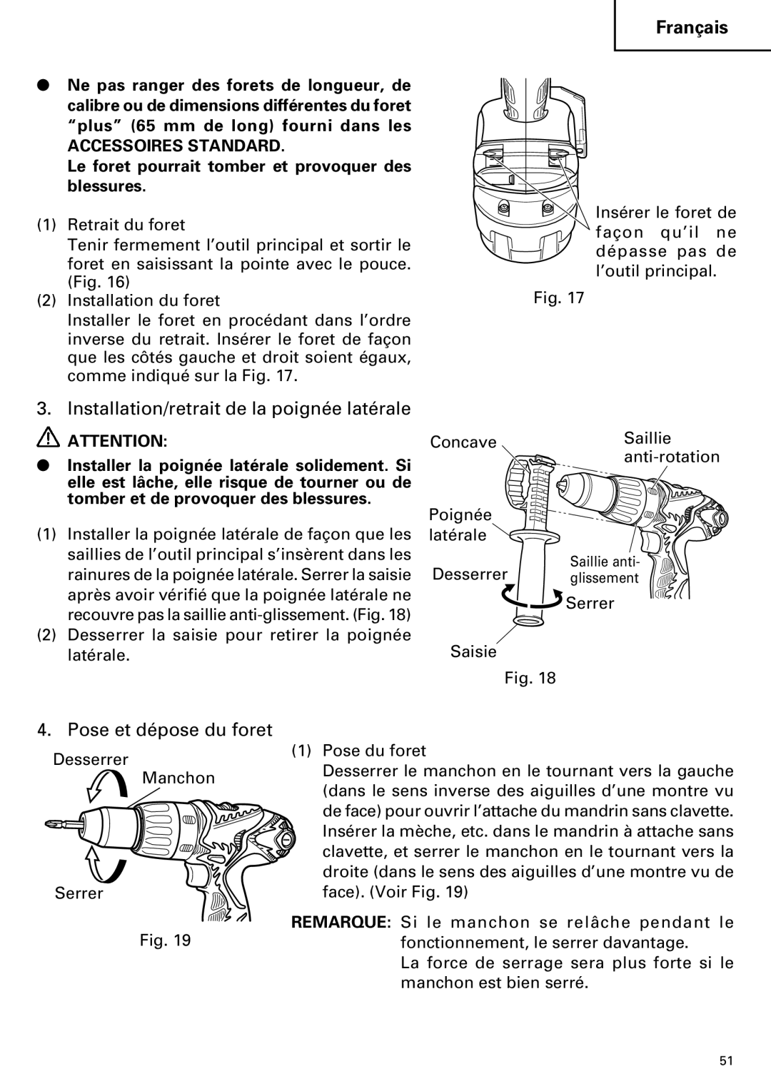 Hitachi DV14DMR, DV18DMR instruction manual Installation/retrait de la poignée latérale, Pose et dépose du foret 