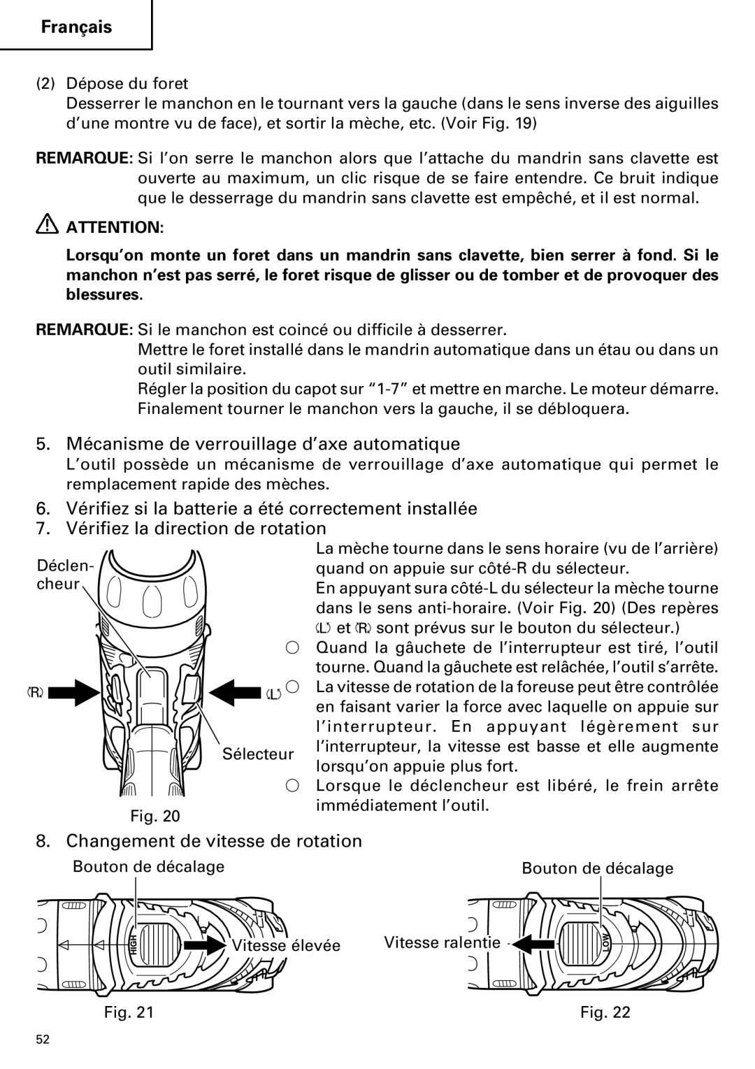 Hitachi DV18DMR, DV14DMR instruction manual Mécanisme de verrouillage d’axe automatique, Changement de vitesse de rotation 