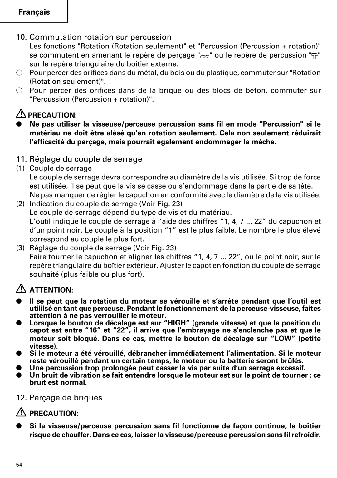 Hitachi DV18DMR, DV14DMR Commutation rotation sur percussion, 11. Réglage du couple de serrage, Perçage de briques 