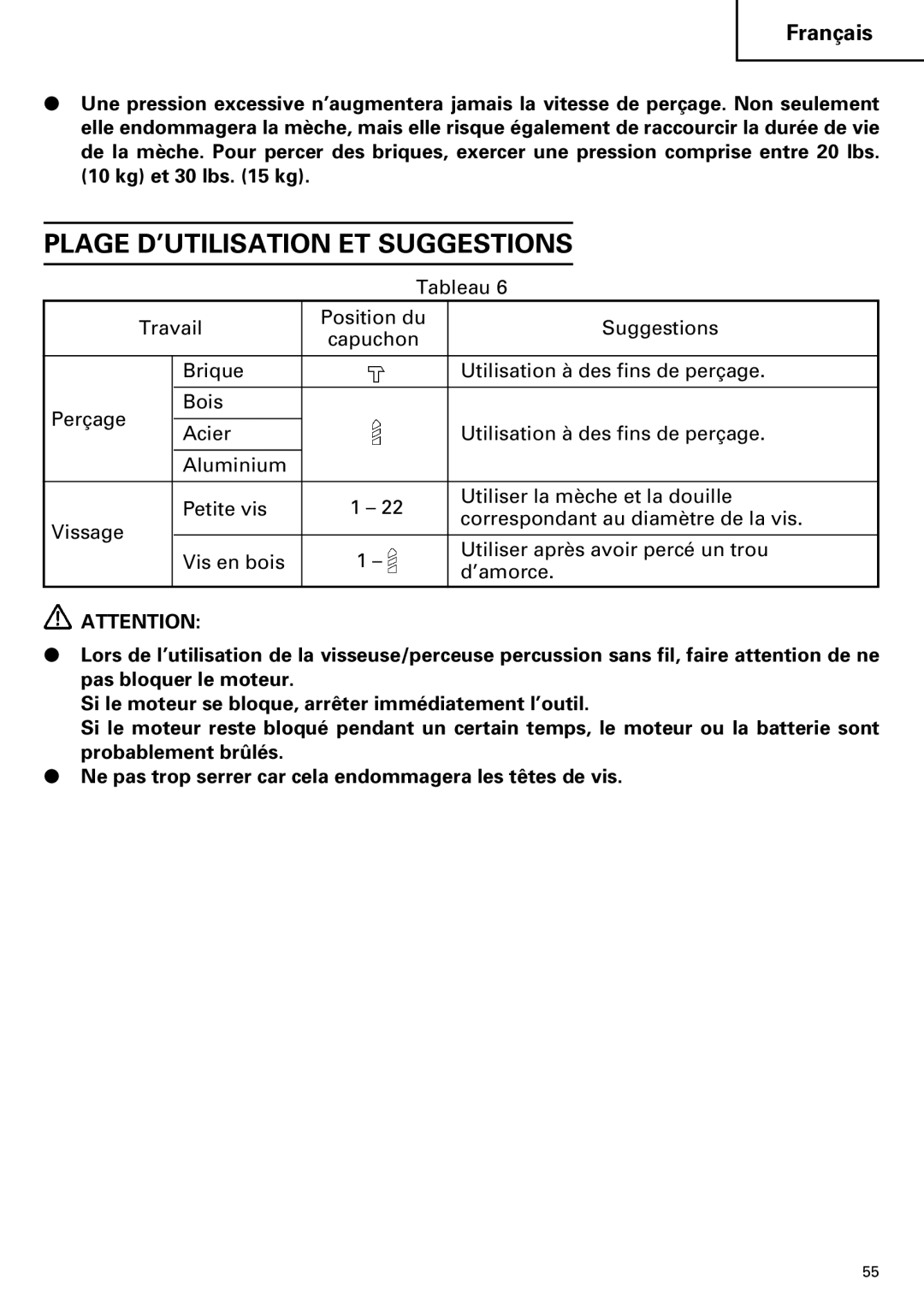 Hitachi DV14DMR, DV18DMR instruction manual Plage D’UTILISATION ET Suggestions 