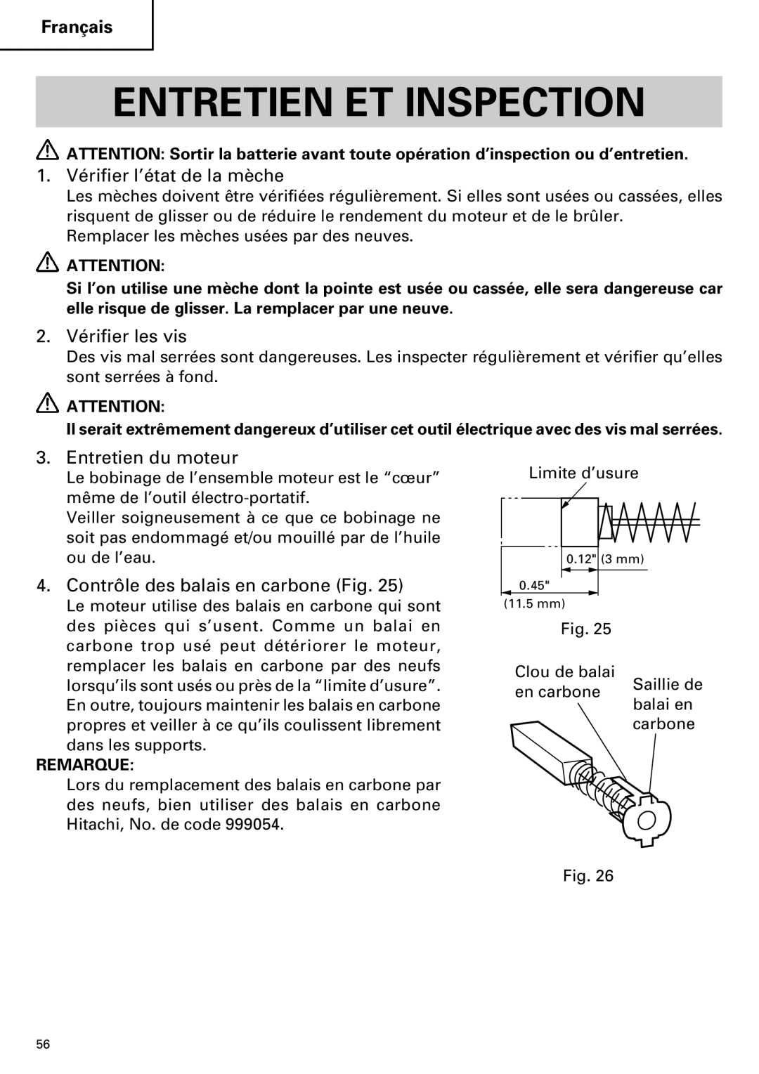 Hitachi DV18DMR, DV14DMR Entretien ET Inspection, Vérifier l’état de la mèche, Vérifier les vis, Entretien du moteur 