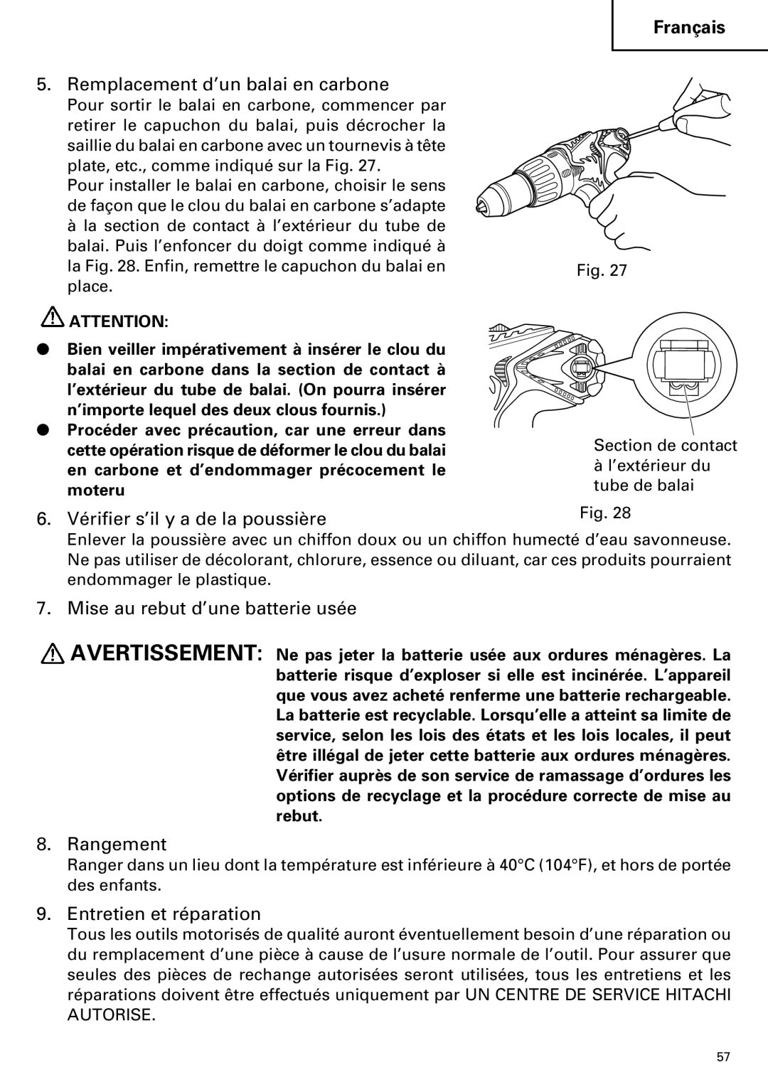 Hitachi DV14DMR Remplacement d’un balai en carbone, Vérifier s’il y a de la poussière, Mise au rebut d’une batterie usée 