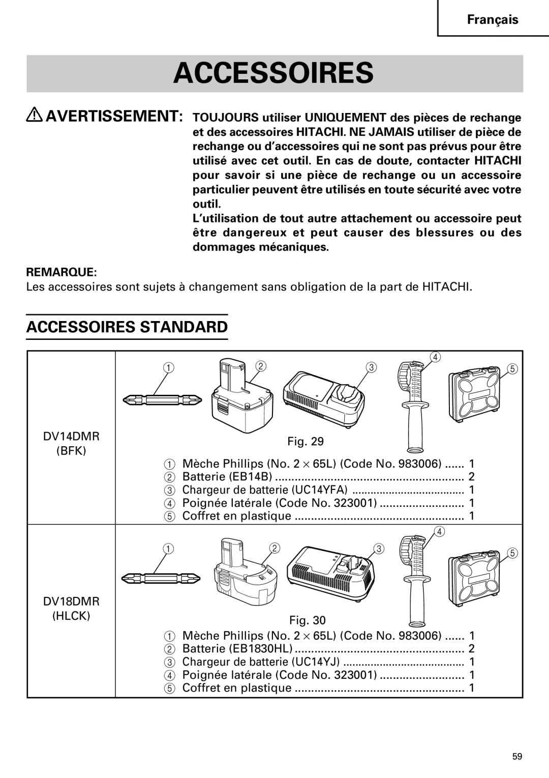 Hitachi DV14DMR, DV18DMR instruction manual Accessoires Standard 