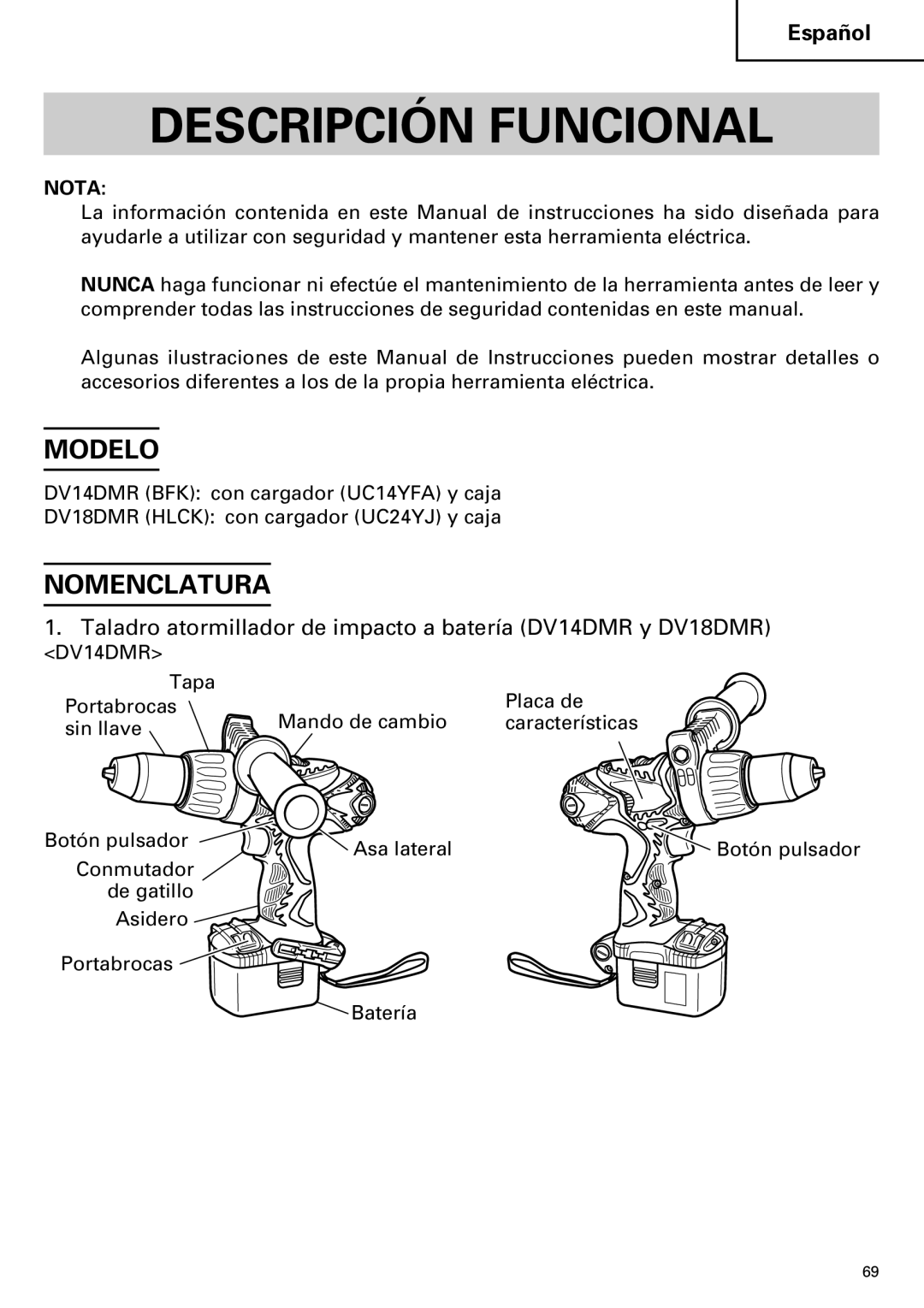 Hitachi Descripción Funcional, Modelo, Nomenclatura, Taladro atormillador de impacto a batería DV14DMR y DV18DMR 