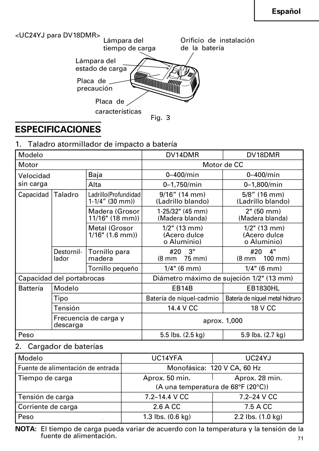 Hitachi DV14DMR, DV18DMR instruction manual Especificaciones, Taladro atormillador de impacto a batería 