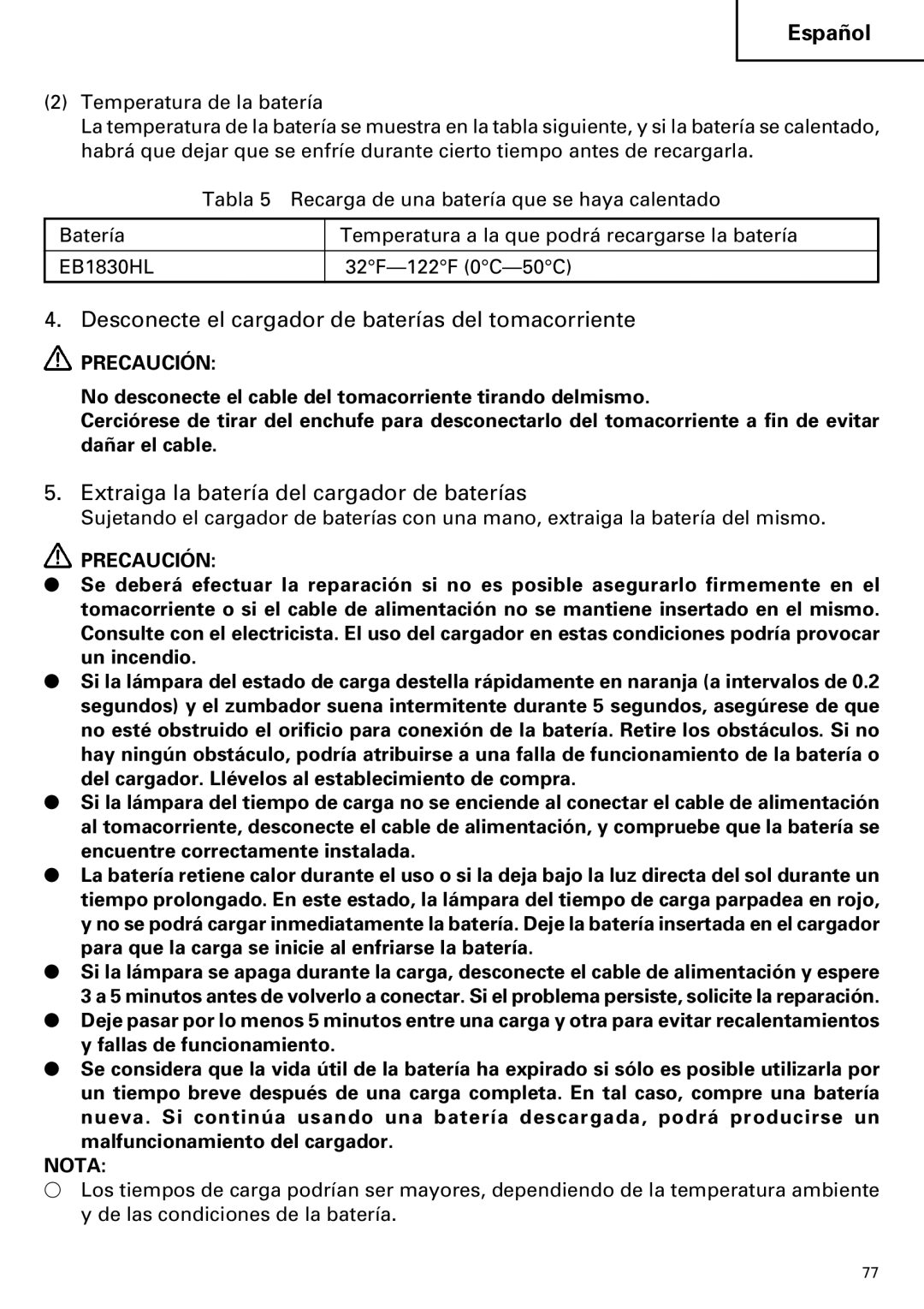 Hitachi DV14DMR, DV18DMR instruction manual Desconecte el cargador de baterías del tomacorriente 