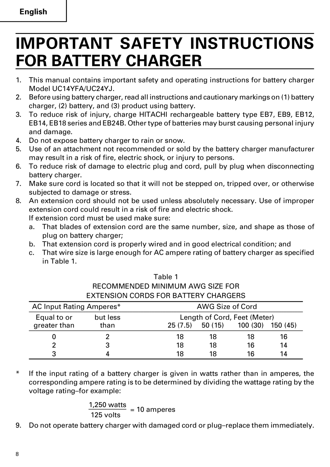 Hitachi DV18DMR, DV14DMR instruction manual Important Safety Instructions for Battery Charger 