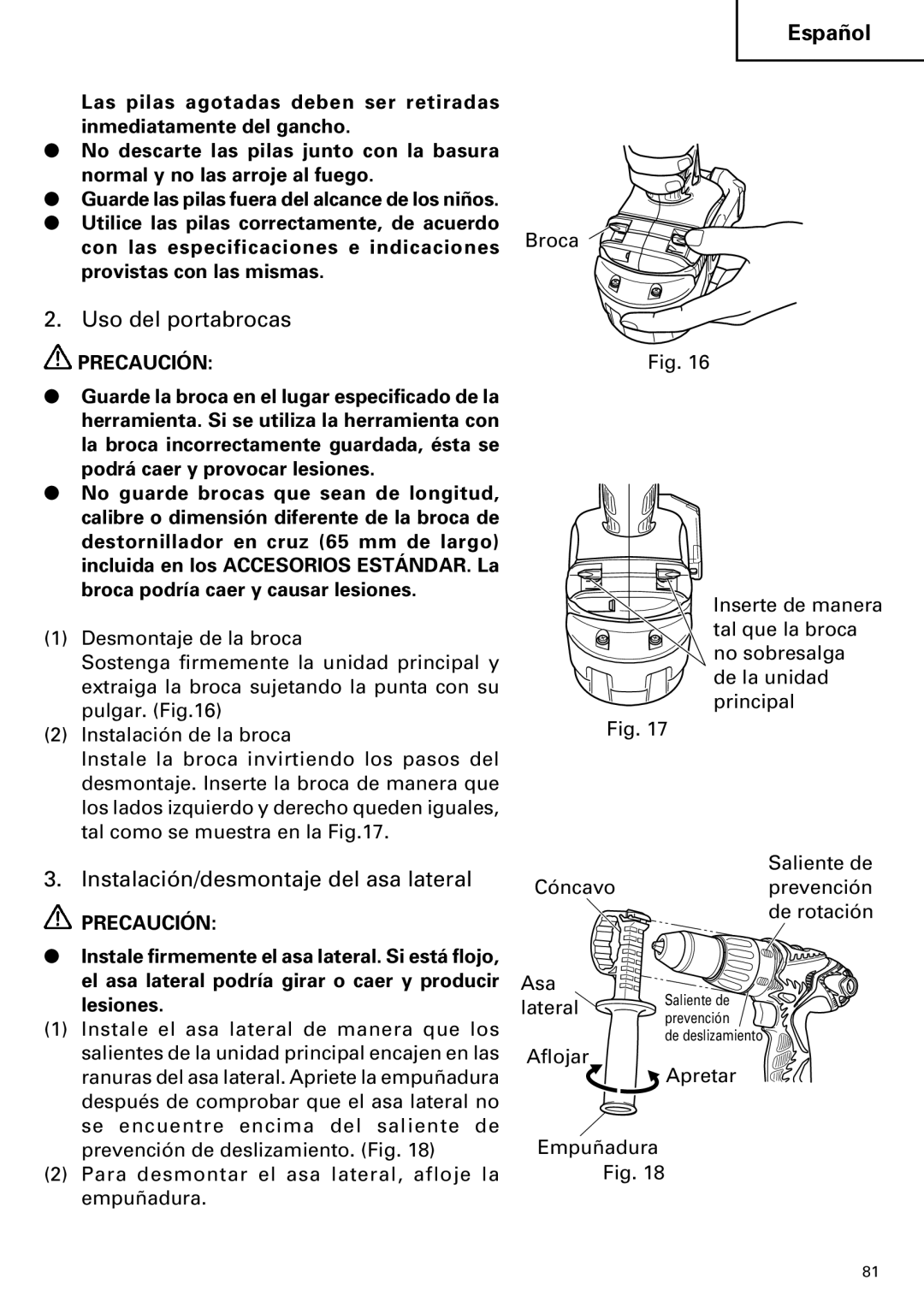 Hitachi DV14DMR, DV18DMR instruction manual Uso del portabrocas, Instalación/desmontaje del asa lateral 