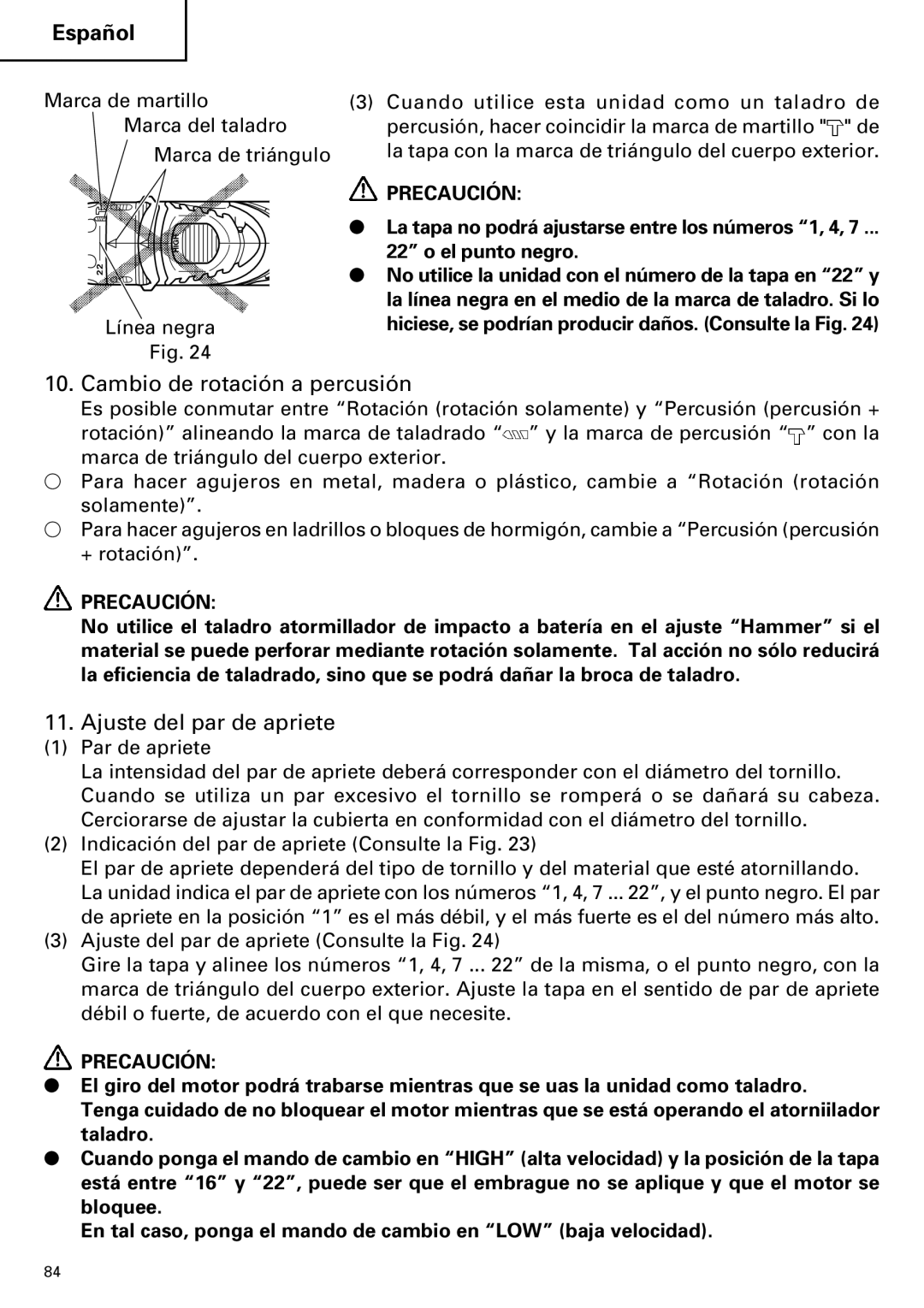 Hitachi DV18DMR, DV14DMR instruction manual Cambio de rotación a percusión, Ajuste del par de apriete 