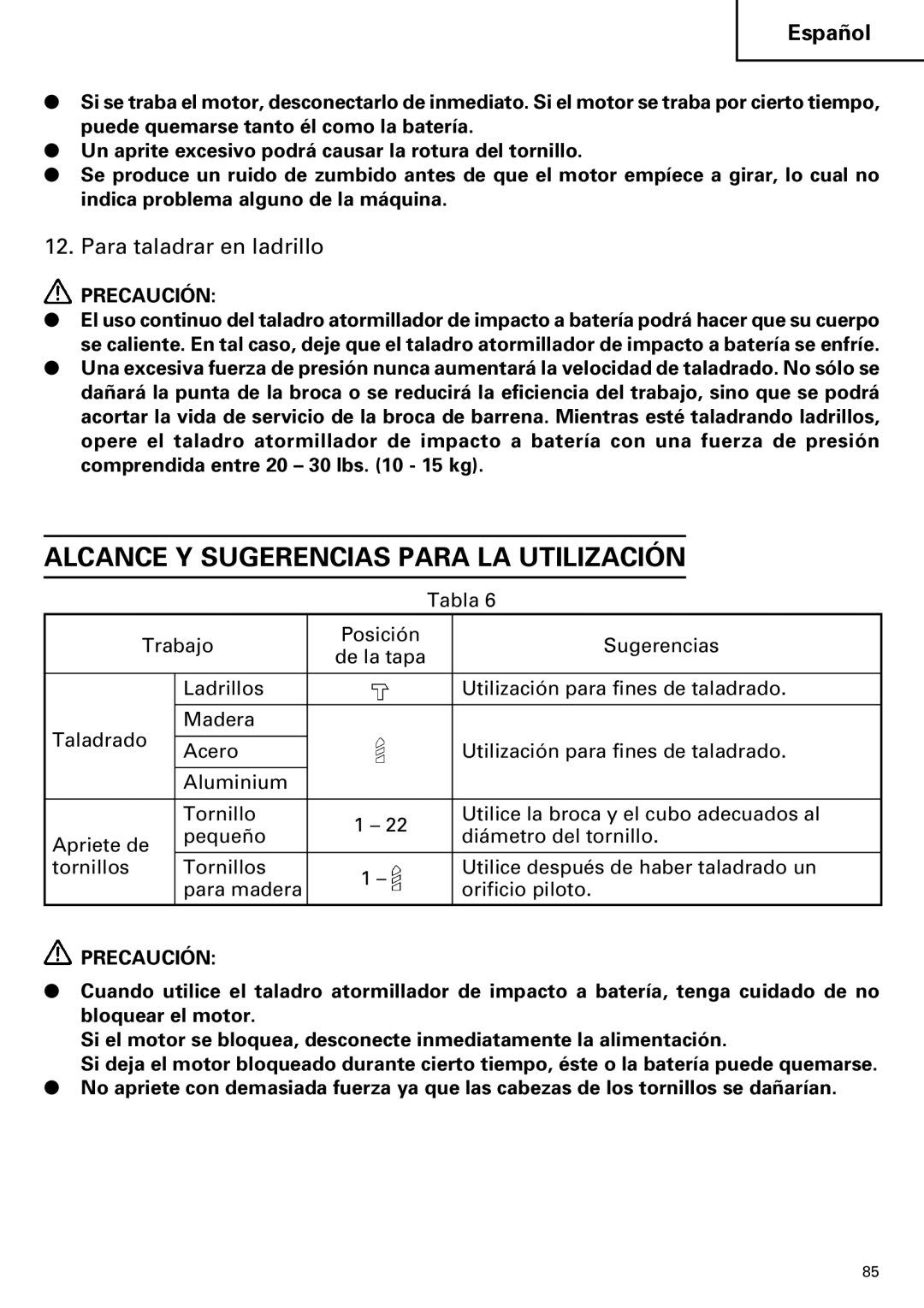 Hitachi DV14DMR, DV18DMR instruction manual Alcance Y Sugerencias Para LA Utilización, Para taladrar en ladrillo 