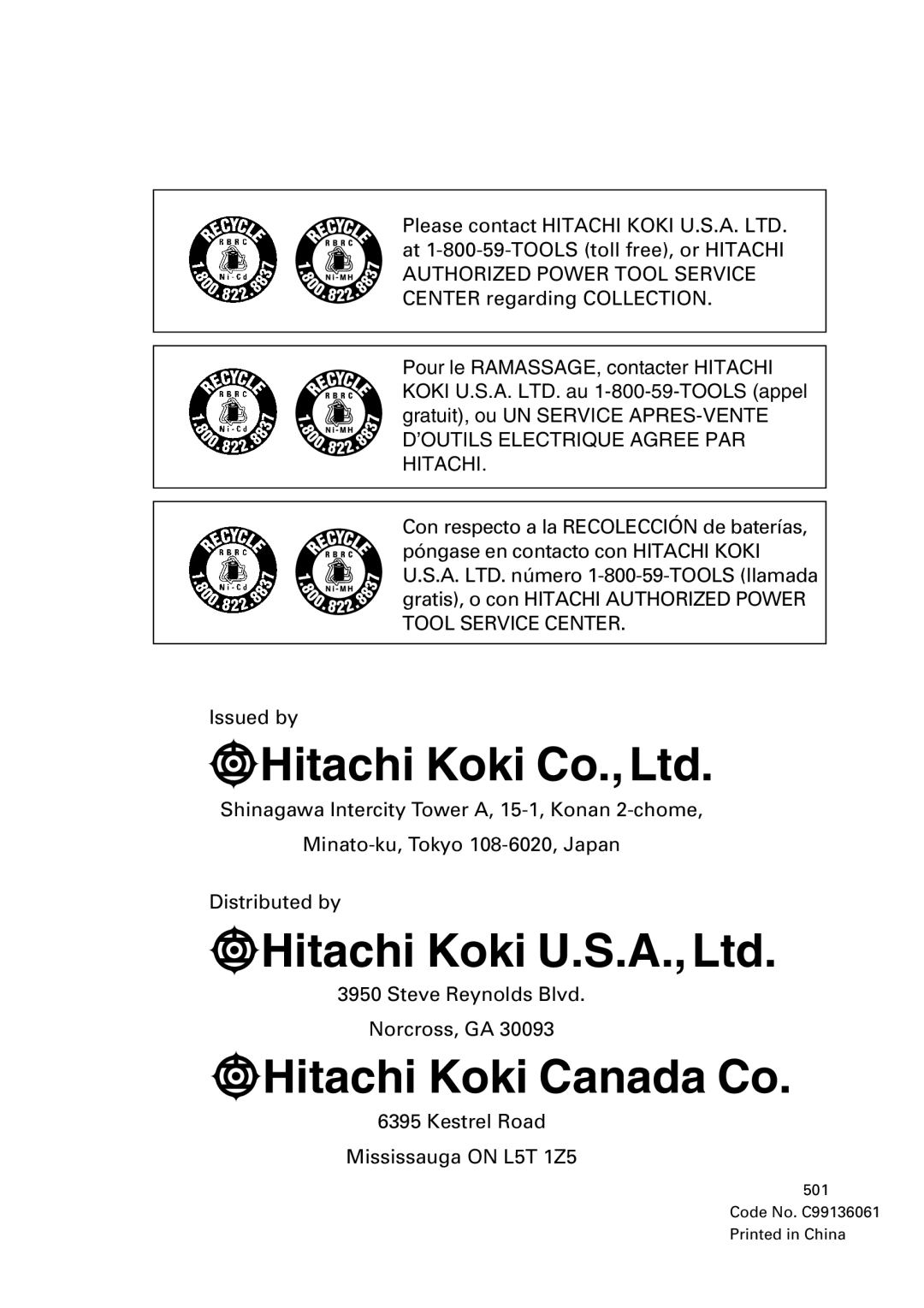 Hitachi DV18DMR, DV14DMR instruction manual Hitachi Koki Canada Co 