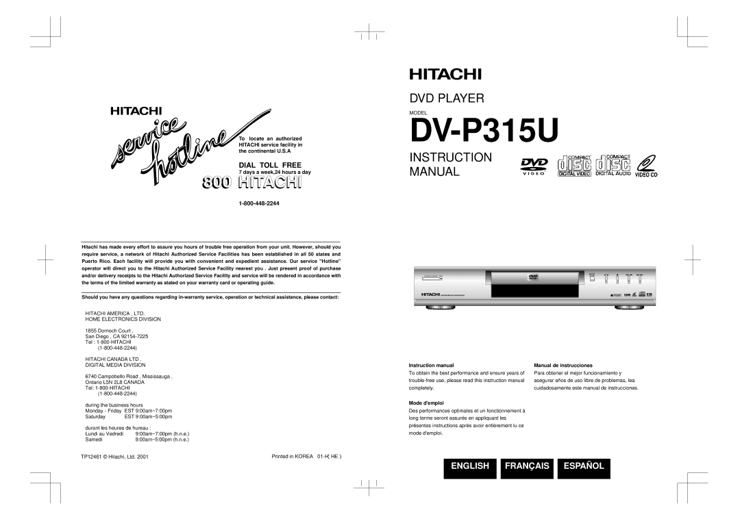 Hitachi DVP315U instruction manual DV-P315U 