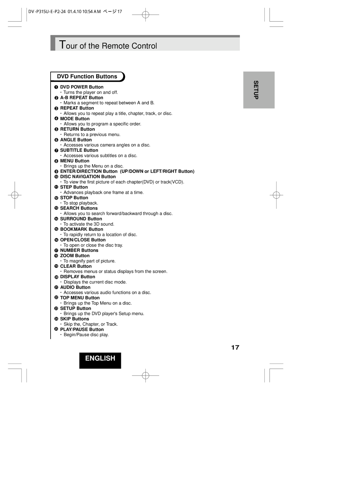 Hitachi DVP315U instruction manual DVD Function Buttons 