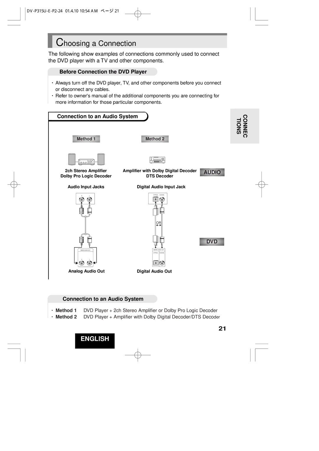 Hitachi DVP315U instruction manual Choosing a Connection, Before Connection the DVD Player, Connection to an Audio System 