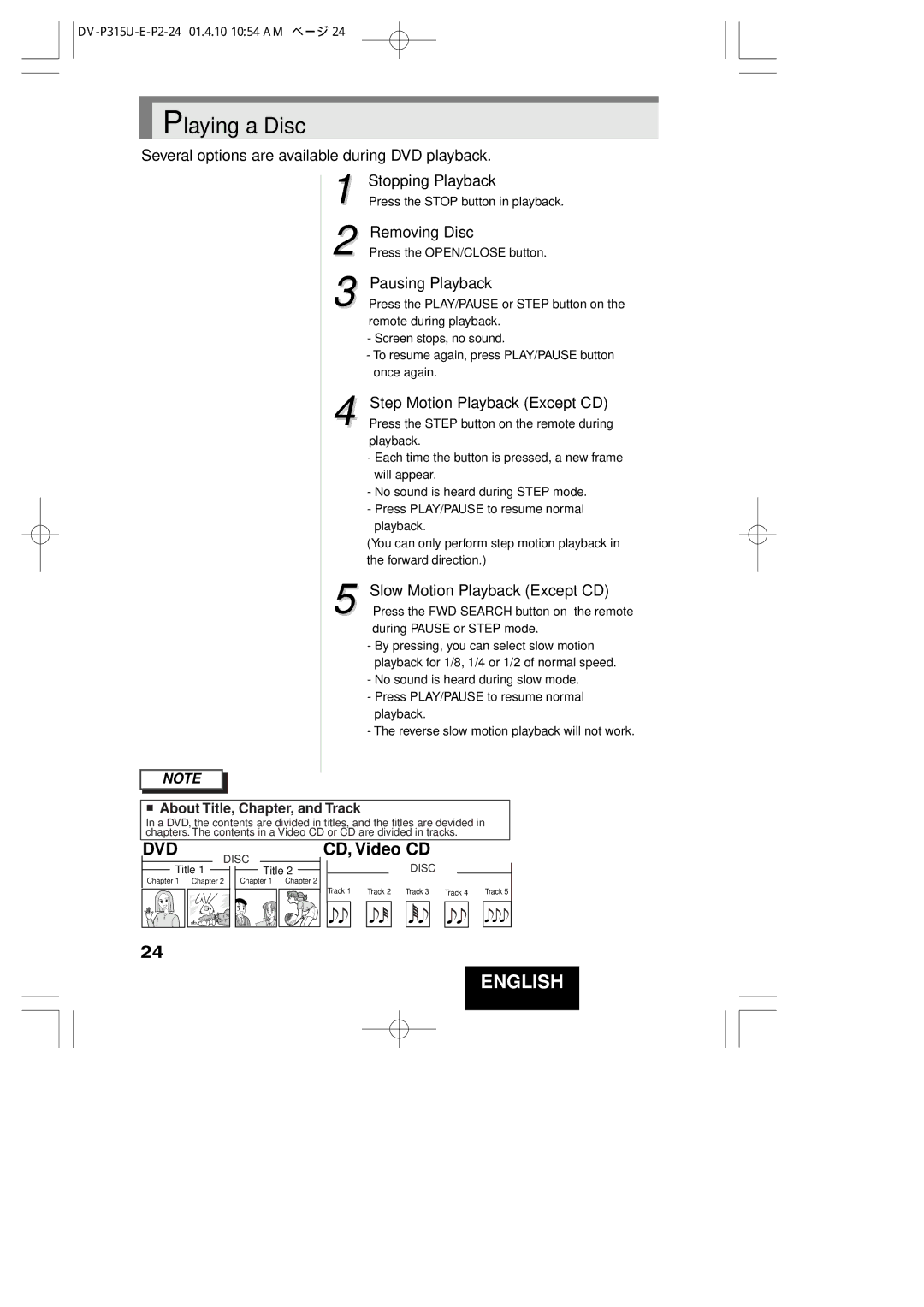 Hitachi DVP315U instruction manual Removing Disc, Pausing Playback, About Title, Chapter, and Track 