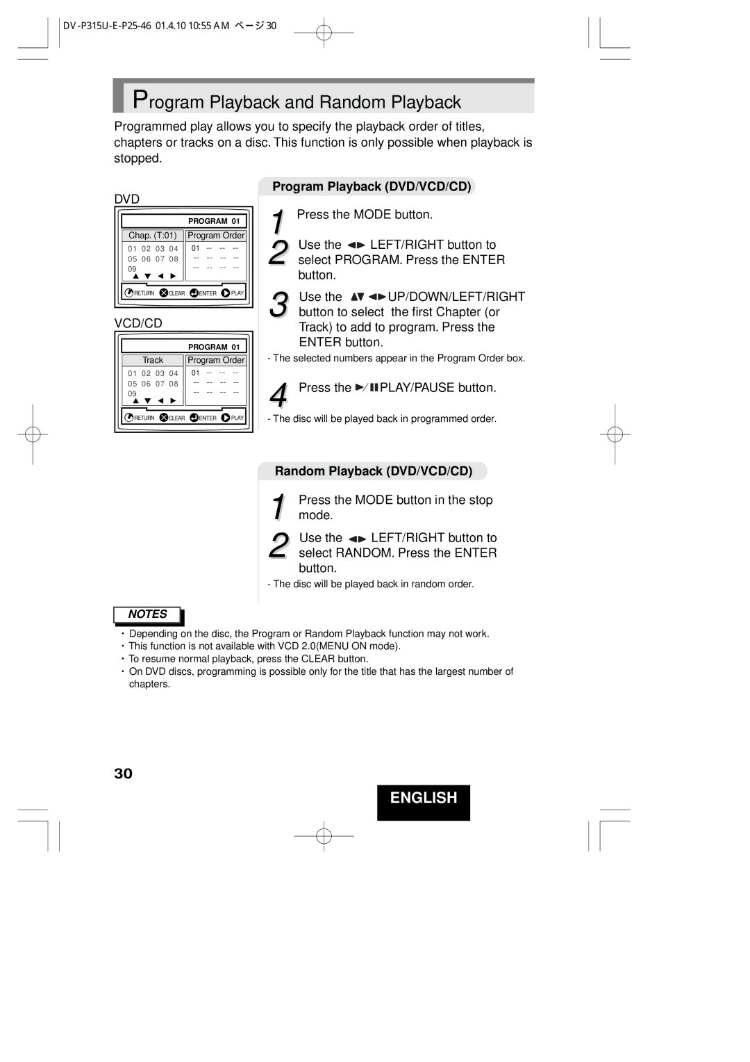 Hitachi DVP315U Program Playback and Random Playback, Program Playback DVD/VCD/CD, Random Playback DVD/VCD/CD 