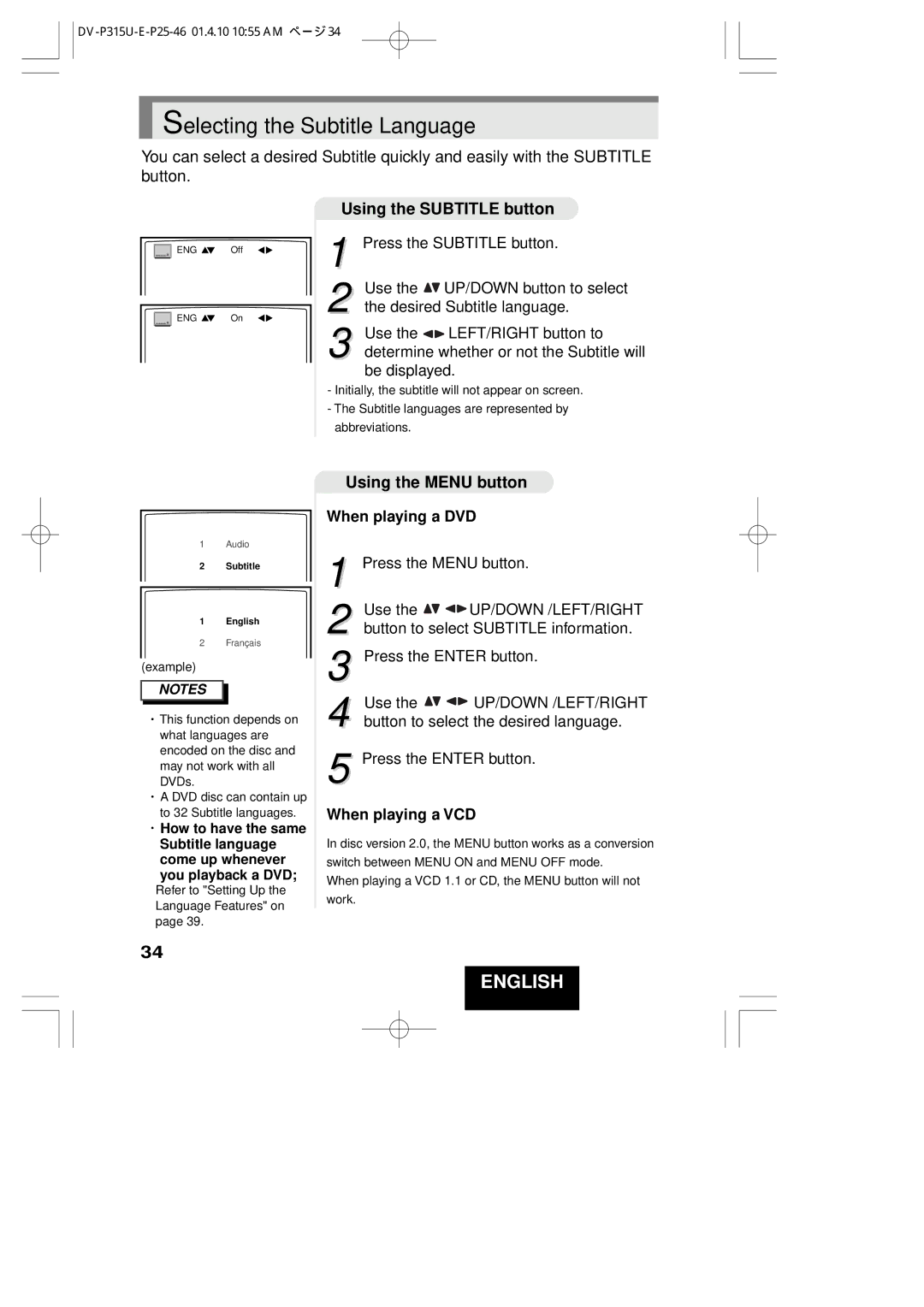 Hitachi DVP315U instruction manual Selecting the Subtitle Language, Using the Subtitle button, Using the Menu button 