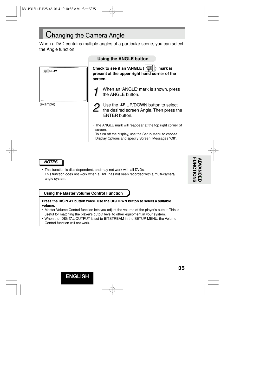 Hitachi DVP315U Changing the Camera Angle, Using the Angle button, Using the Master Volume Control Function 