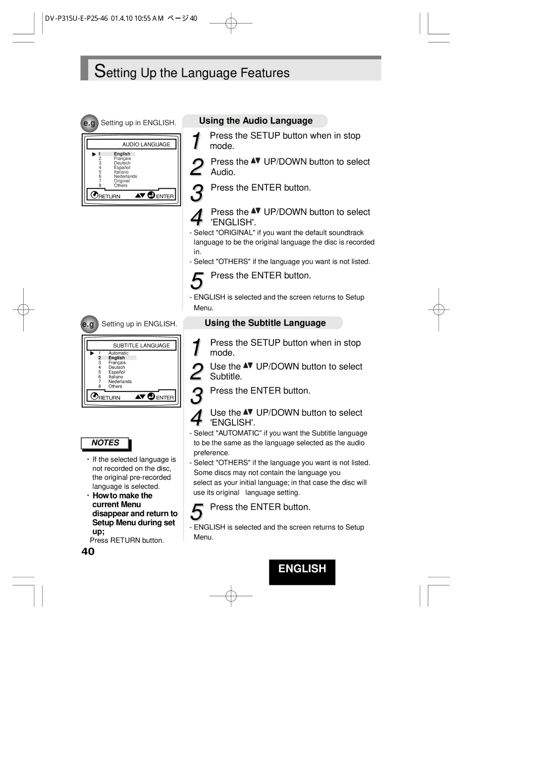 Hitachi DVP315U Using the Audio Language, Using the Subtitle Language, Mode, Use UP/DOWN button to select 