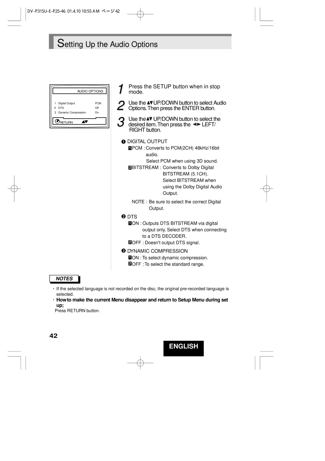 Hitachi DVP315U Setting Up the Audio Options, Mode Use, Options.Then press the Enter button, Desired item.Then press 