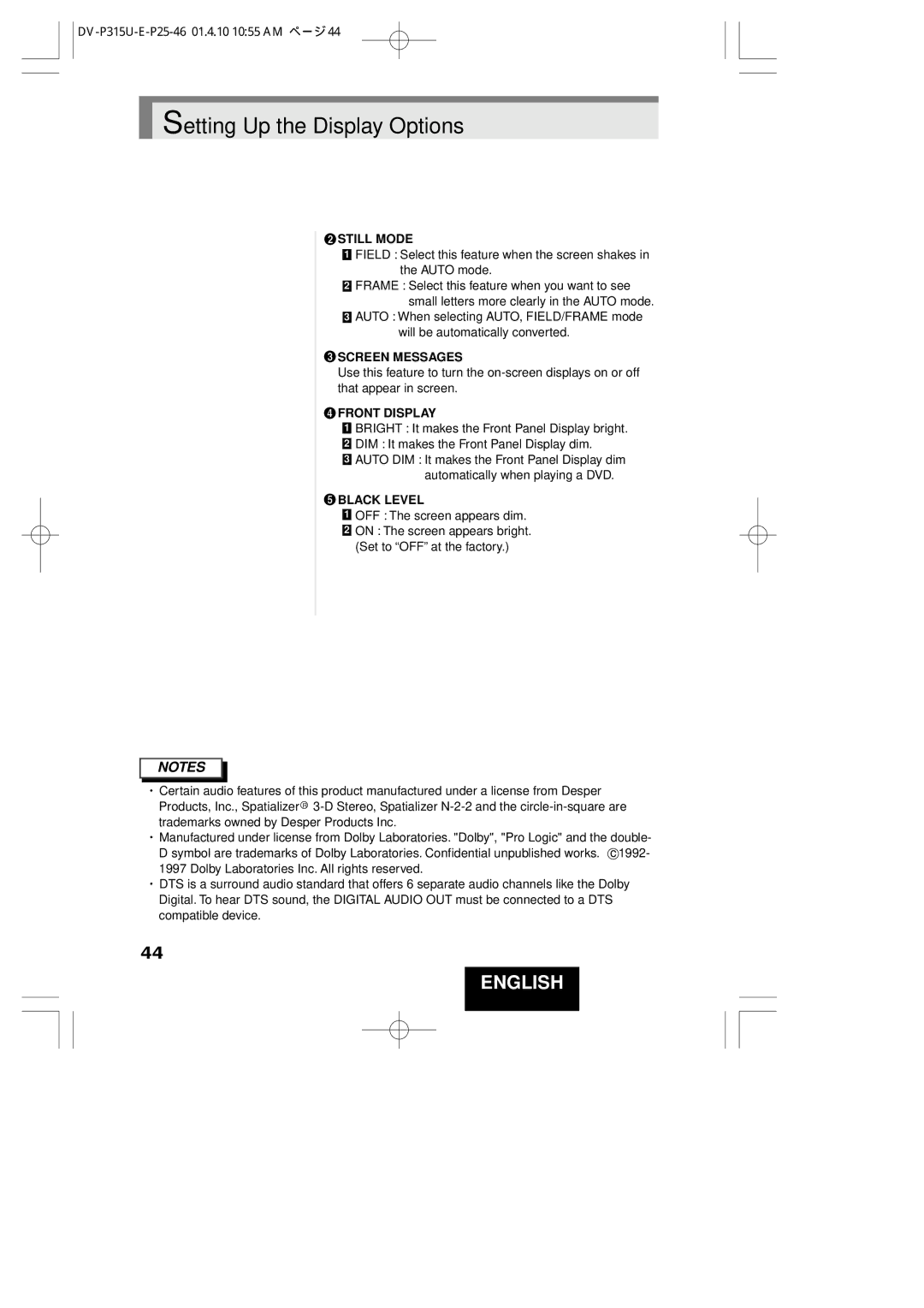 Hitachi DVP315U instruction manual Setting Up the Display Options 