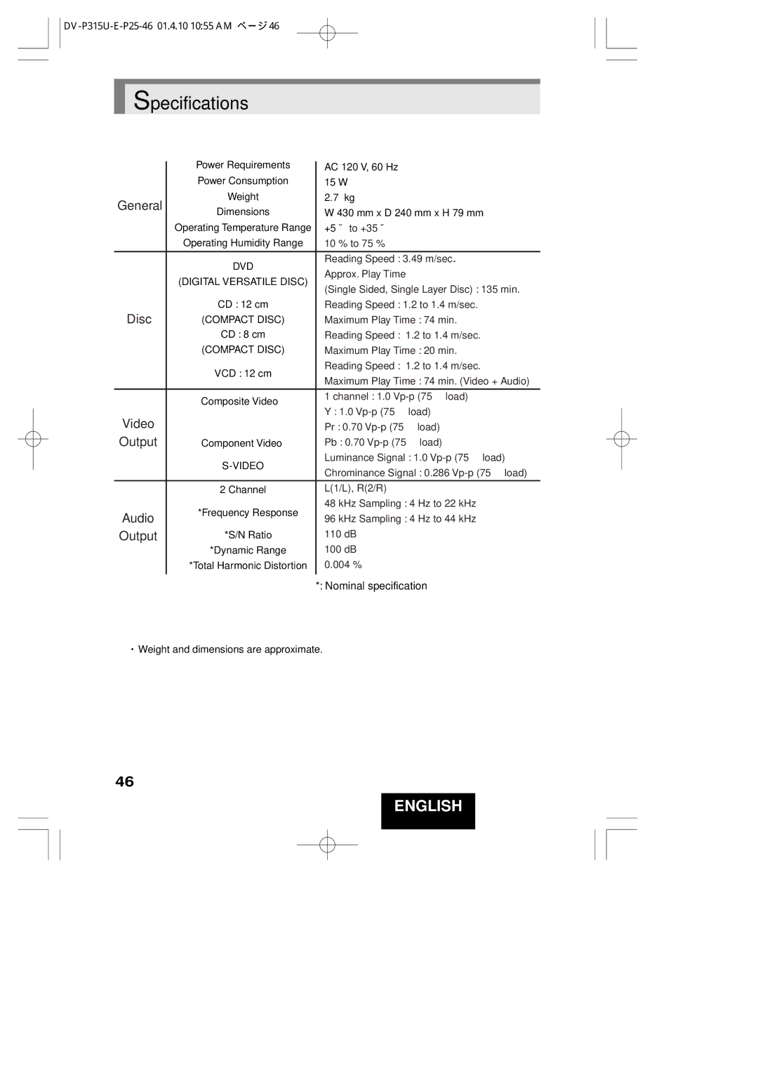 Hitachi DVP315U instruction manual Specifications, General, Disc, Video, Output 