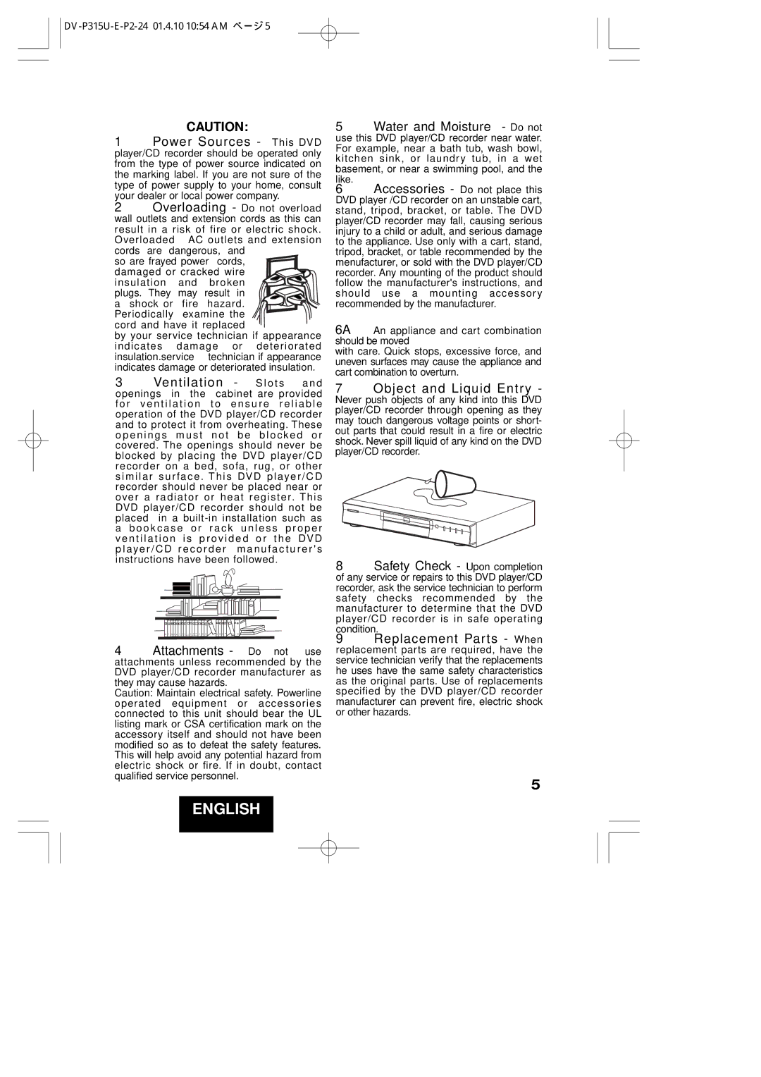 Hitachi DVP315U instruction manual Object and Liquid Entry 