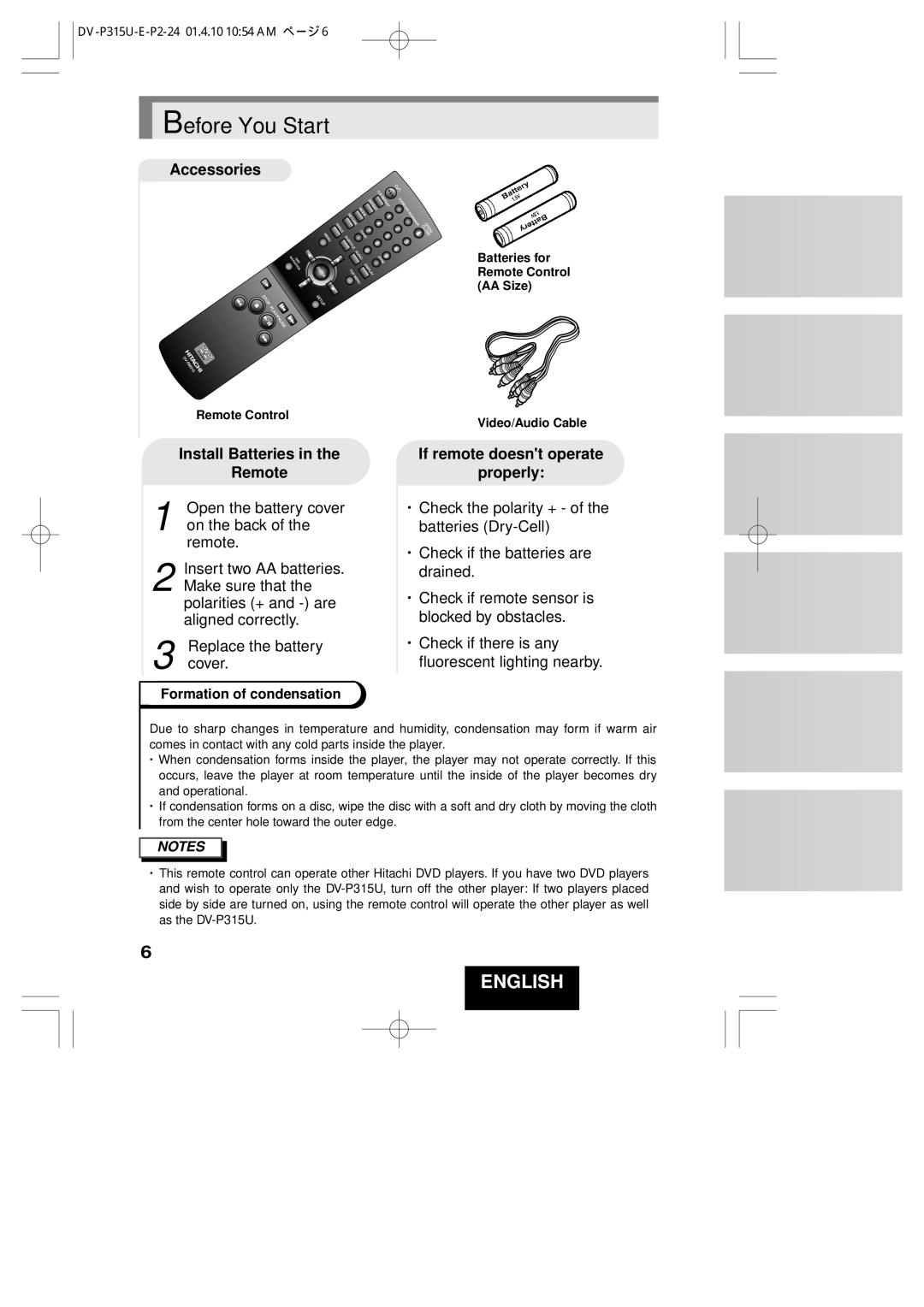 Hitachi DVP315U Before You Start, Accessories, Install Batteries in the Remote, If remote doesnt operate properly 