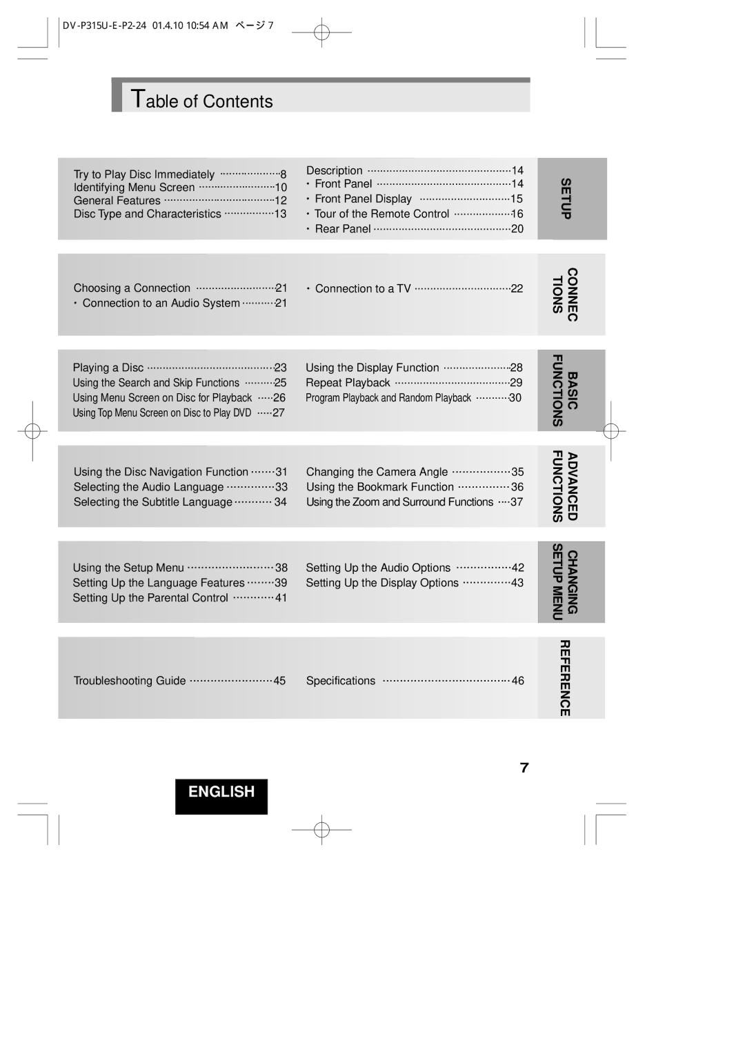 Hitachi DVP315U instruction manual Table of Contents 