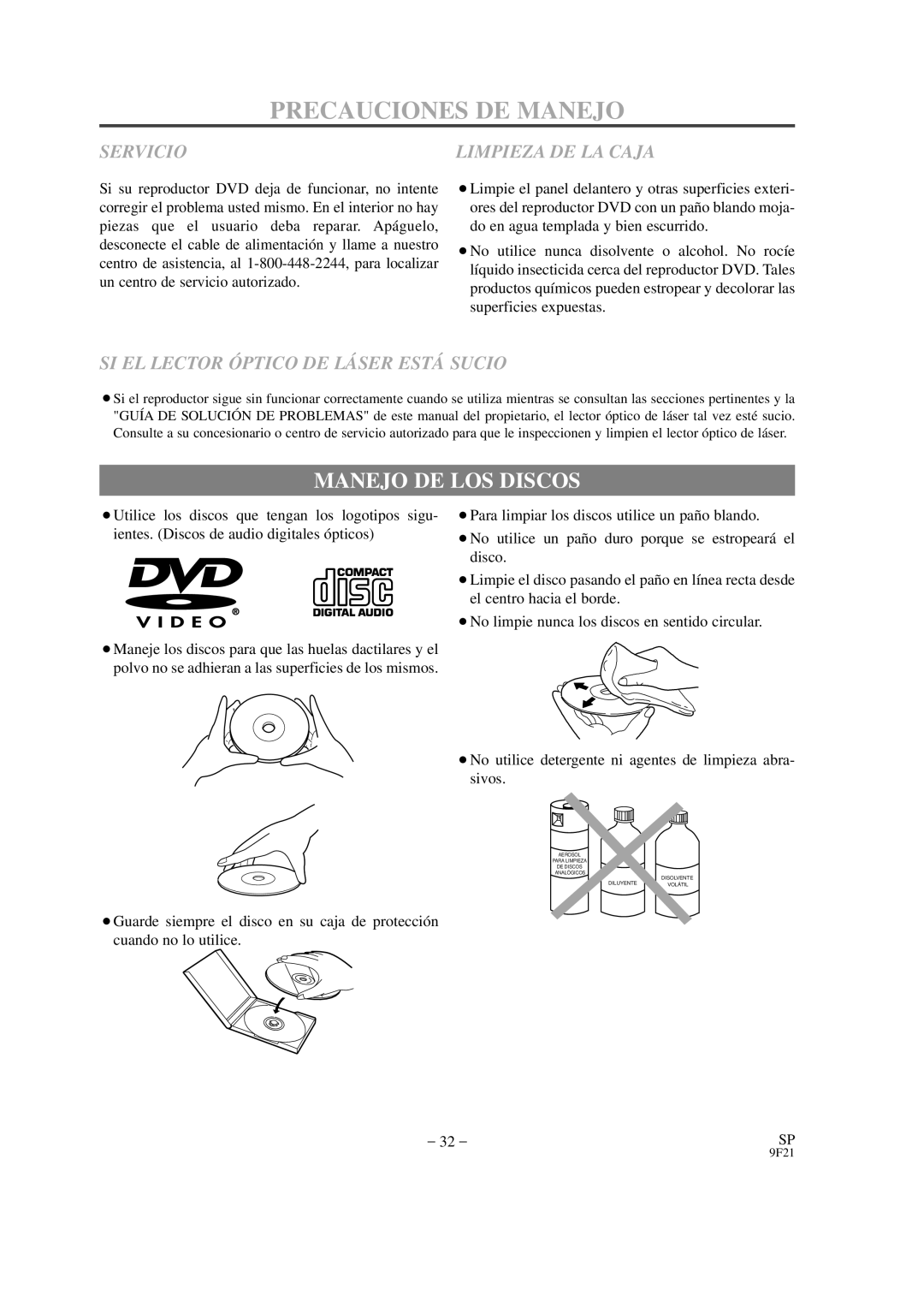 Hitachi DVP325U Precauciones DE Manejo, Manejo DE LOS Discos, Servicio, SI EL Lector Ó Ptico DE LÁ SER Está Sucio 