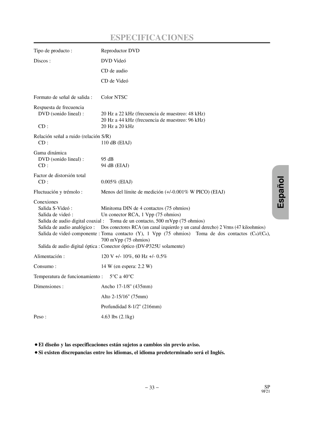 Hitachi DVP325U instruction manual Especificaciones 