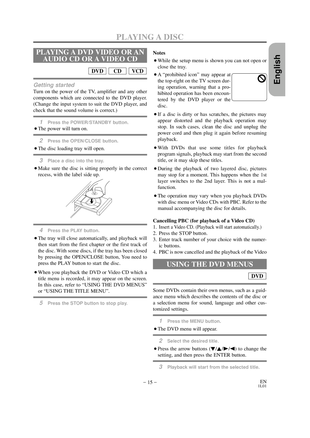 Hitachi DVP325U instruction manual Playing a Disc, Playing a DVD Video or AN Audio CD or a Video CD, Using the DVD Menus 