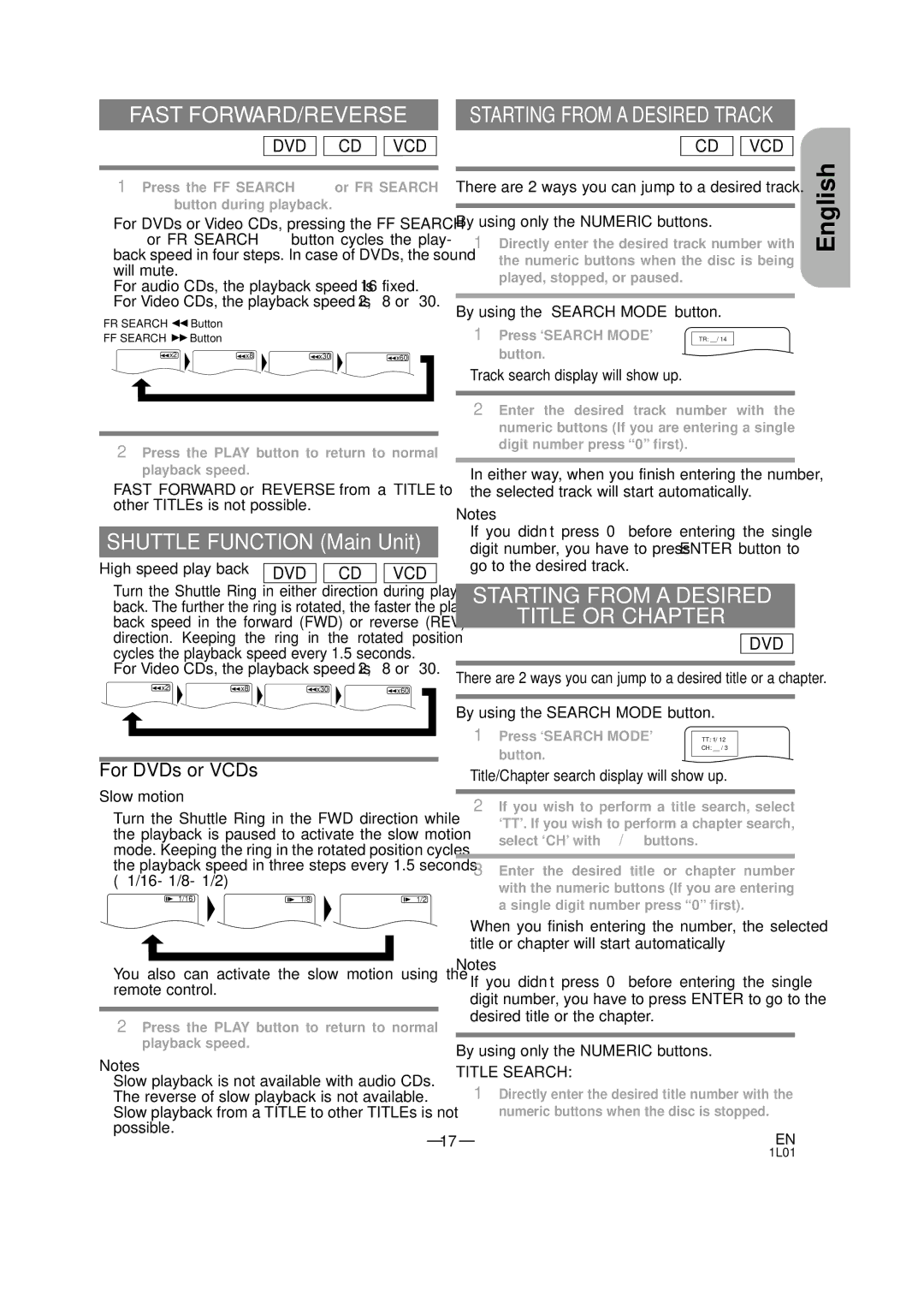 Hitachi DVP325U instruction manual Fast FORWARD/REVERSE, Starting from a Desired Title or Chapter, For DVDs or VCDs 