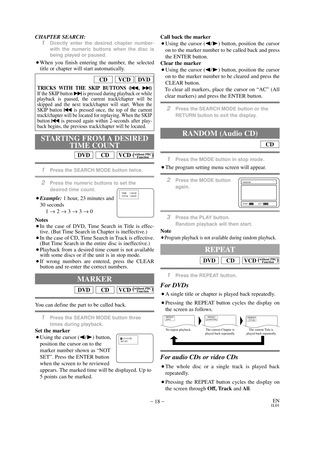 Hitachi DVP325U instruction manual Starting from a Desired Time Count, Marker, Repeat, For audio CDs or video CDs 