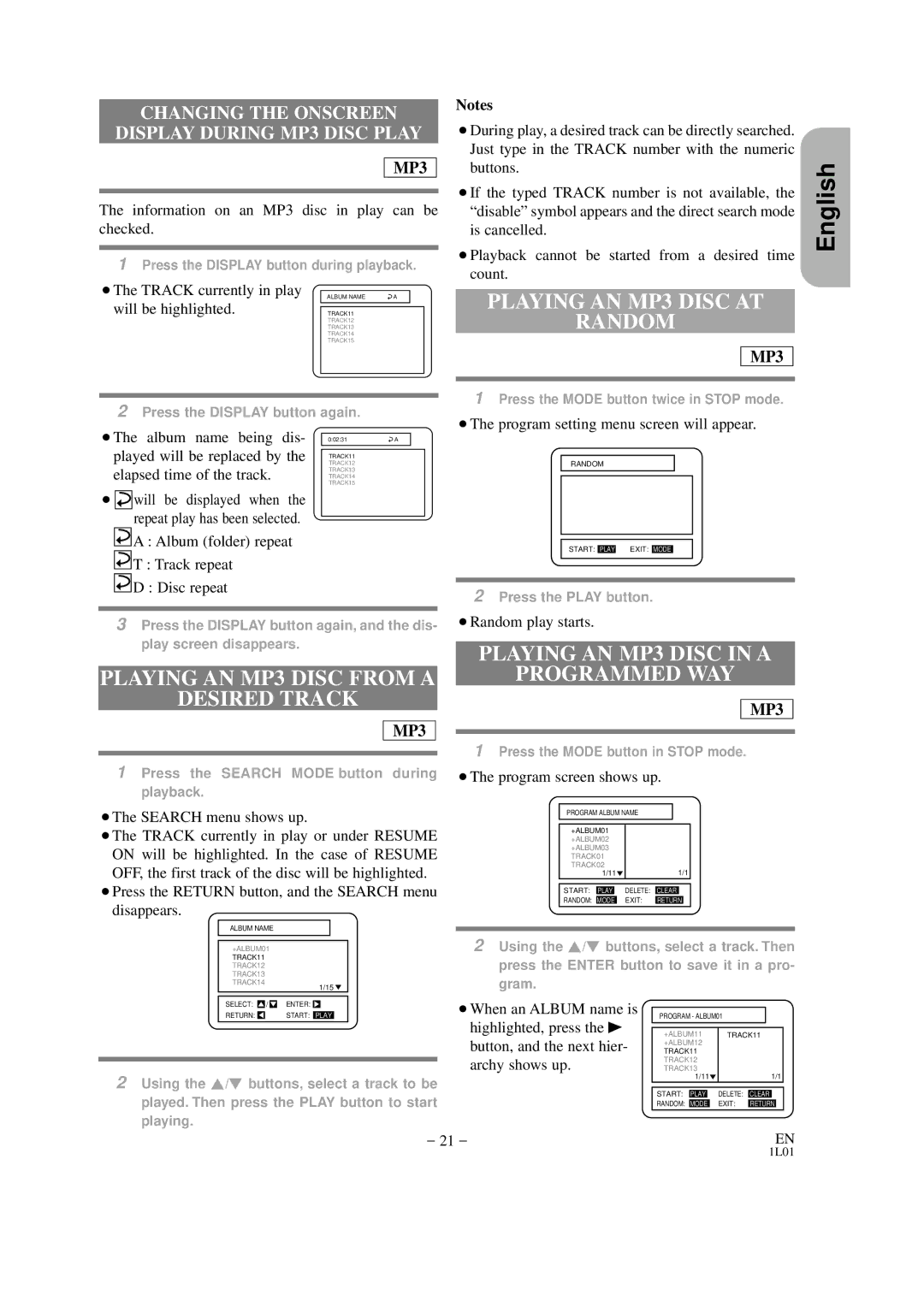 Hitachi DVP325U instruction manual Playing AN MP3 Disc AT Random, Playing AN MP3 Disc from a Desired Track 