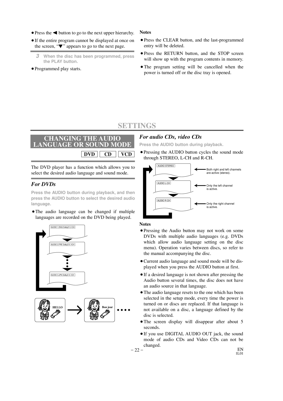 Hitachi DVP325U instruction manual Settings, Changing the Audio Language or Sound Mode, For audio CDs, video CDs 