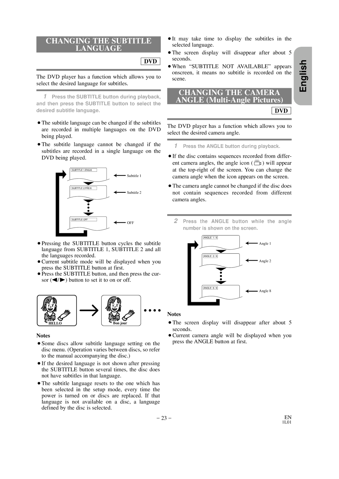 Hitachi DVP325U instruction manual Changing the Subtitle Language, Changing the Camera 