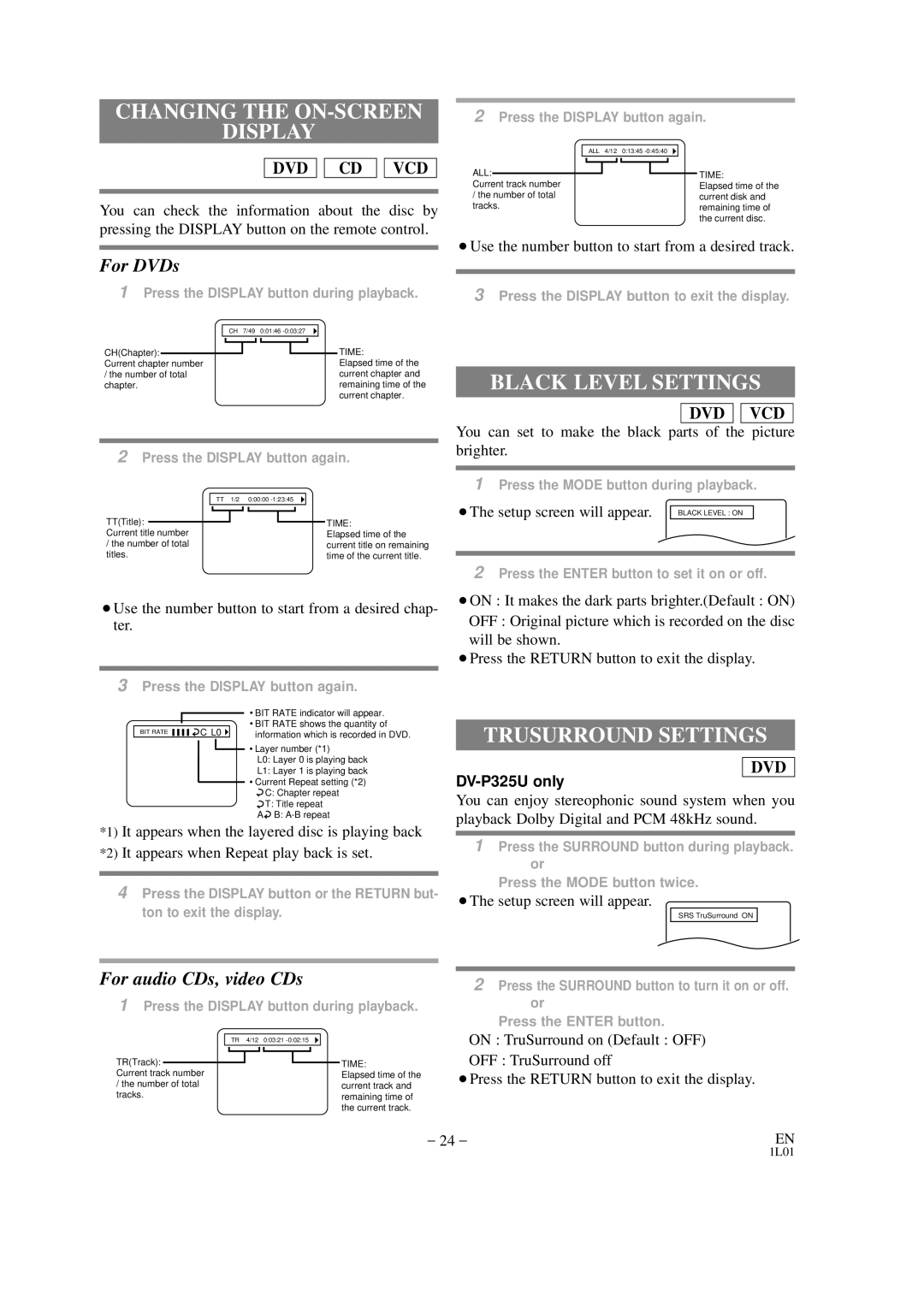 Hitachi DVP325U instruction manual Changing the ON-SCREEN Display, Black Level Settings, Trusurround Settings 