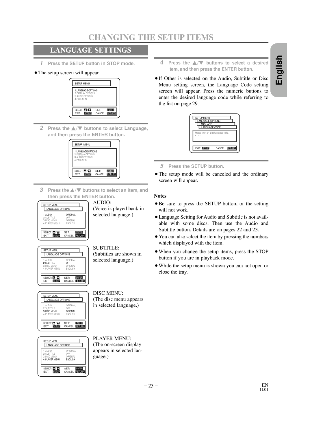 Hitachi DVP325U instruction manual Changing the Setup Items, Language Settings, Voice is played back in selected language 